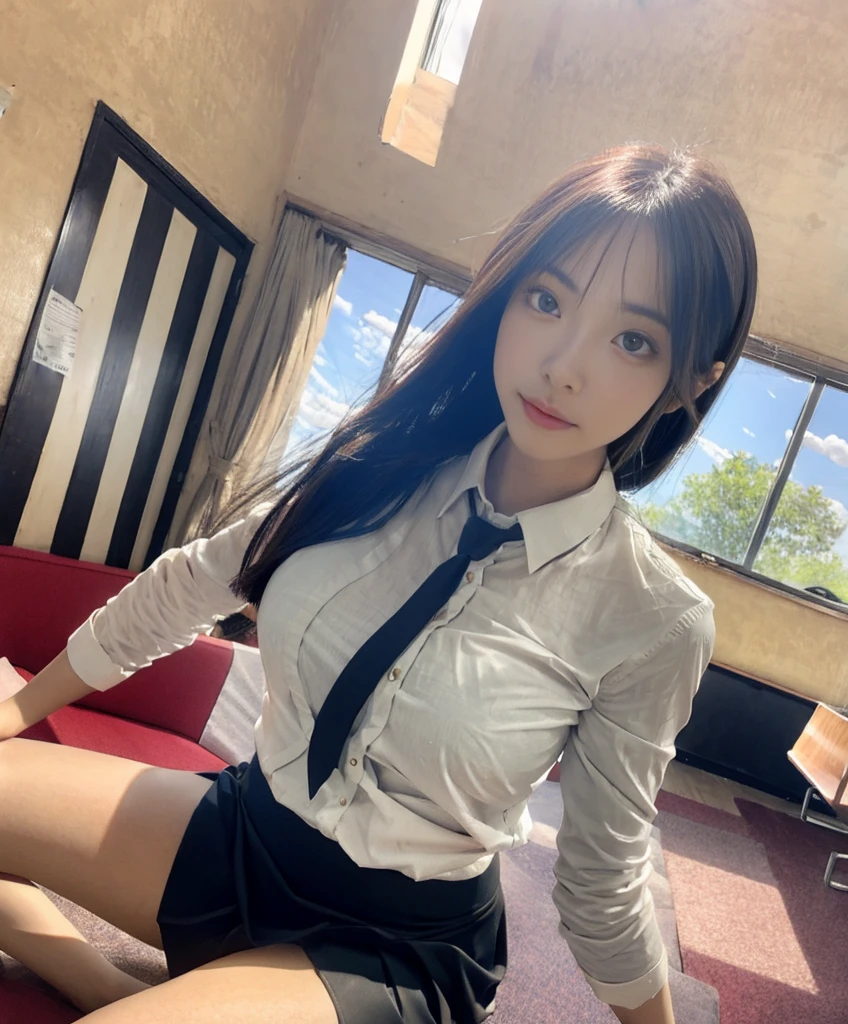 A 30-year-old muscular woman,Wear a long-sleeved white shirt and tie,Wear high heels,full bodyesbian,gentlesoftlighting,tmasterpiece,best qualtiy,8k uhd,digital SLR camera,filmgrain,Fujifilm XT3 Realistic drawing art,Written by Midjourney and Greg Rutkowski