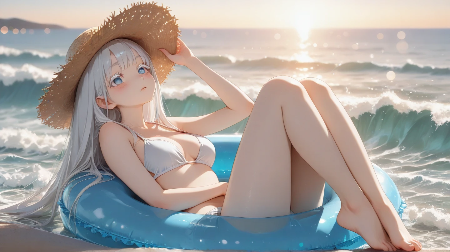 one-girl,In the blue ocean,swim wears,alluring figure,White hair,Red eyes,The background is the deep water