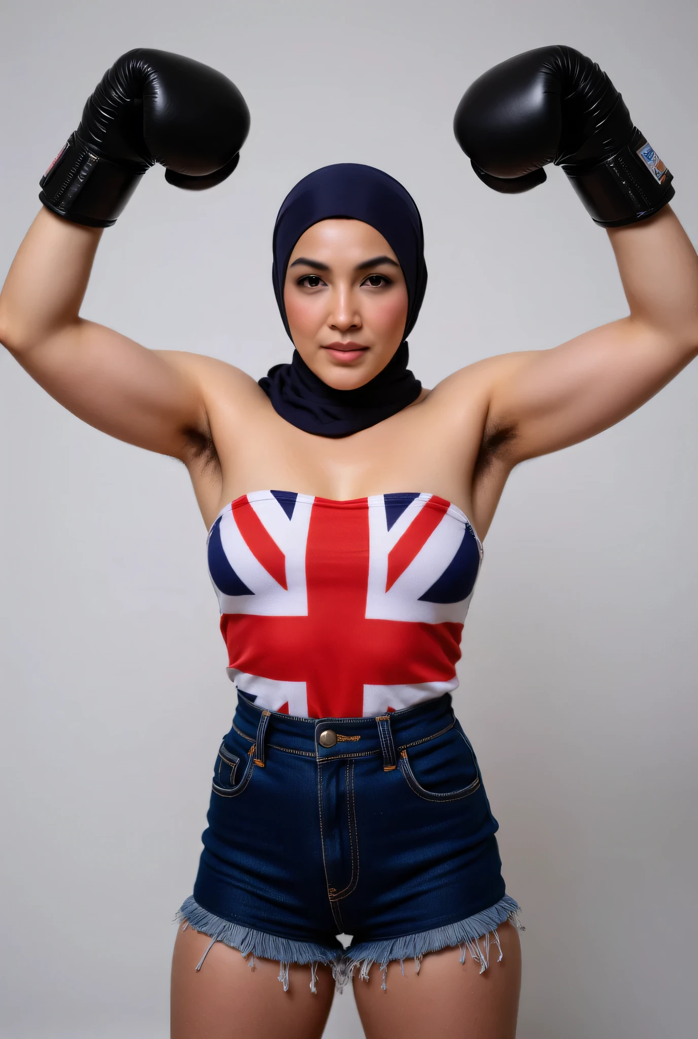 front view, Malaysian hijab-wearing mother. (Wearings British flag top strapless ). BOTH SIDES HANDS IN STRAIGHT UP LIFT WEARING BOXING GLOVE , hairy Arm pit, too much very short denim micro-shorts unbuttone.