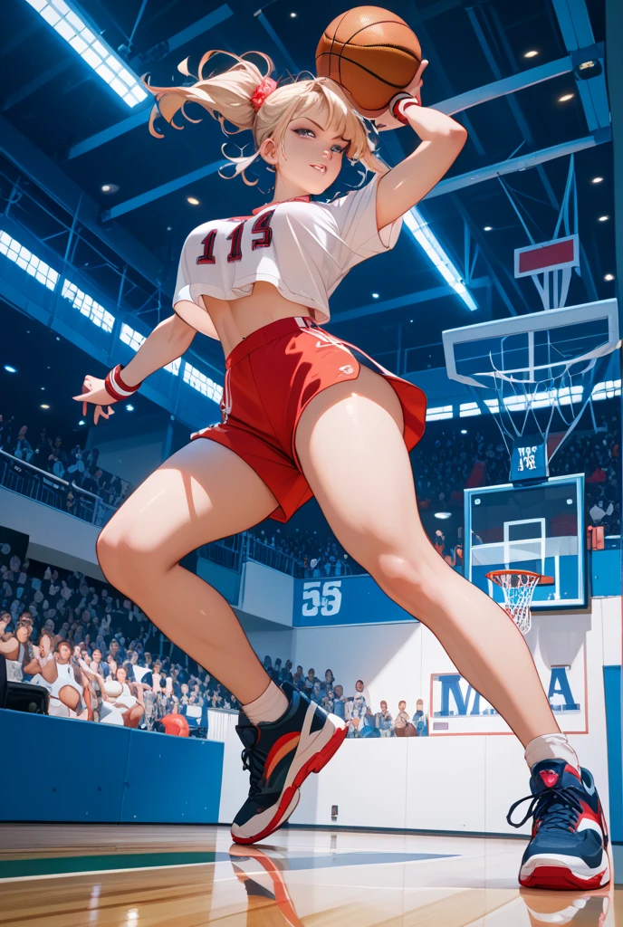Highest quality、High resolution、Detailed Background、Beautiful Face、High detail、(Perfect Anatomy, Perfect Style)、(Detailed facial expressions)、(fine grain:1.2)、Teenage Beauty、(very wide shot:1.5, full body:1.4), One Girl、, Cute black hair、Braided Bob, Braided, clear, deep blue eyes、Braided Ponytail, Braided bob cut, Basketball game in the gym, jumping:1.5, dunking:1.5, brake, Incredible jumping ability:1.5, Suspended in the air in a shooting position:1.5, Incredible jumping power and long flight times, ((aerial view:1.5, shoot from behind:1.5, looking away)), (Bright red basketball uniform:1.5, White Line、Same color above and below, No sleeve:1.5, Shorts, High-cut basketball shoes)、(armpit:1.2), ((large breasts:1.2, pointy breasts:1.2, high breasts:1.2)), Throw a basketball held above your head into the top of the goal, Dunk Shot、The goal ring is 3m above the ground.