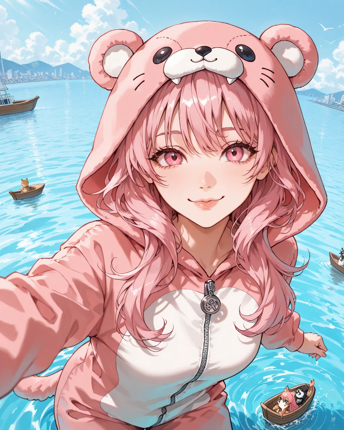 Above angle,Female Pink Long hair,pink eyes,Lips,Animal costume,she Sitting On the small boat,Iceream and cake,Smile,Paradise background,Vapor,Cyan water