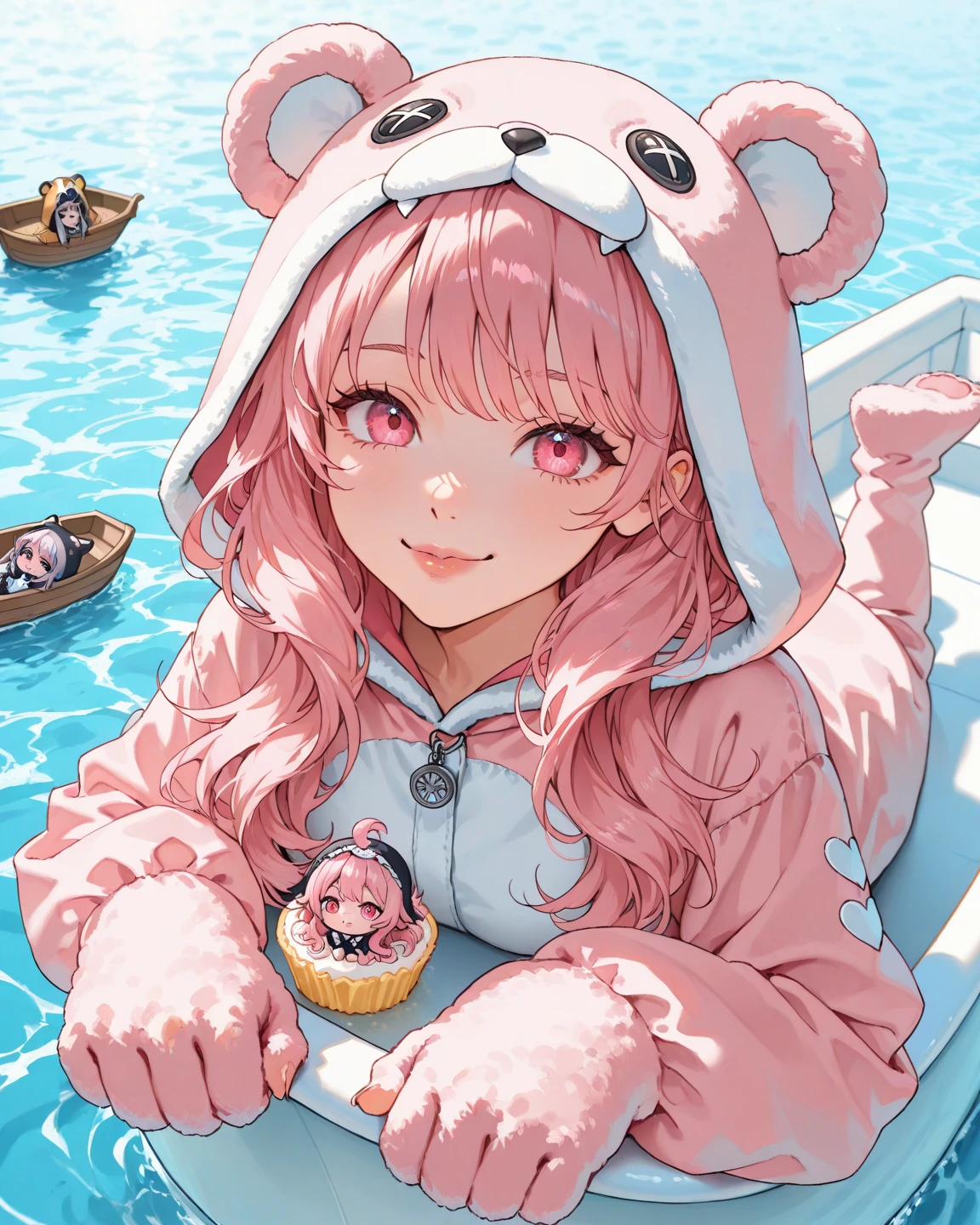 Above angle,Female Pink Long hair,pink eyes,Lips,Animal costume,she Sitting On the small boat,Iceream and cake,Smile,Paradise background,Vapor,Cyan water