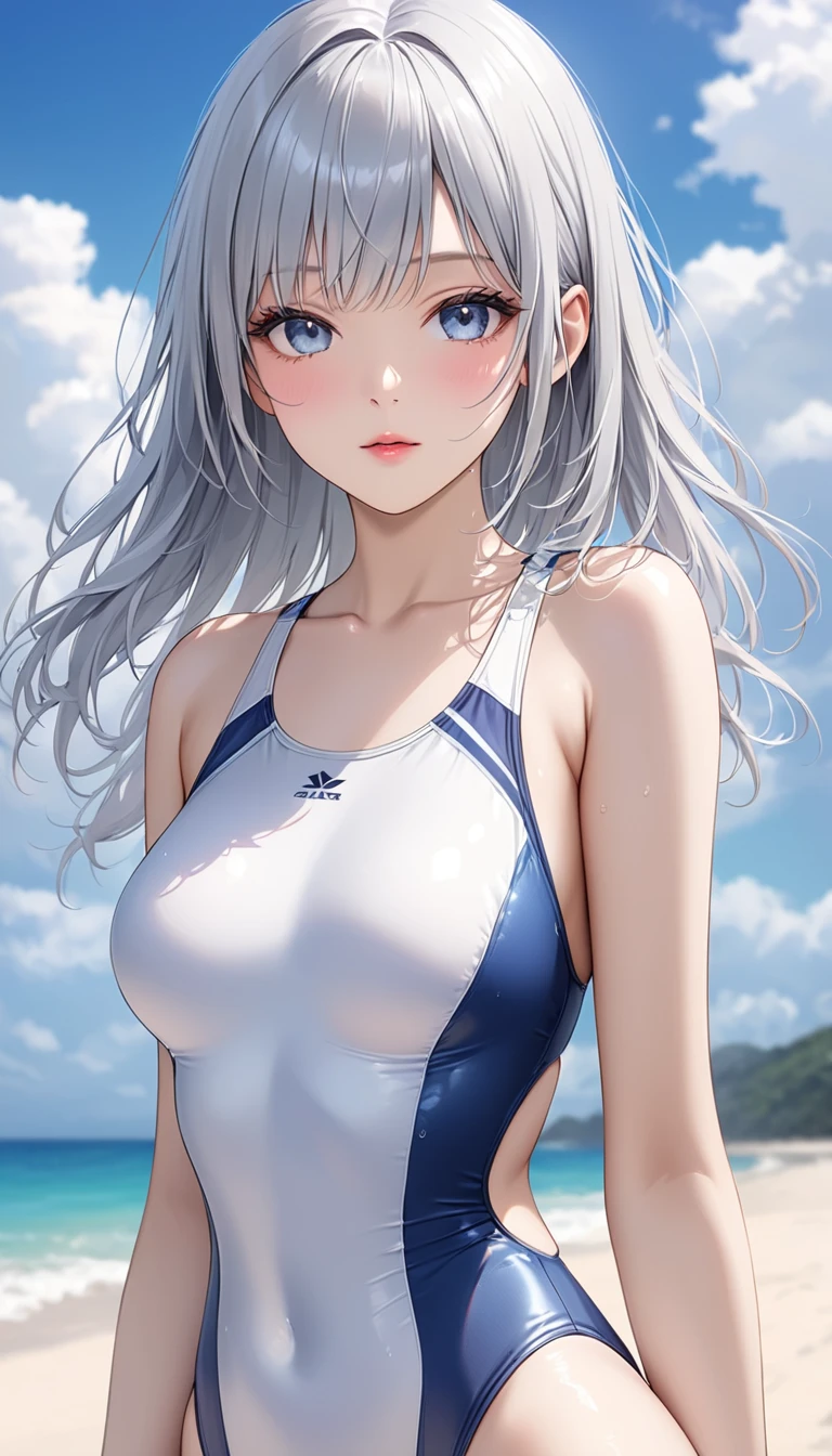 (highest quality, masterpiece),(One girl), Beautiful face with attention to detail, (Silver Hair、medium hair (shoulder length),wolf cut,ponytail), Light blue hairpin, Cat ear、Long Hair、Straight Hair、Fluttering in the wind、Beautiful, detailed eyes, Sparkling eyes,Cute face、(Medium sized breasts、Slender body)、((Black school swimsuit、tight、nsfw))、Tropical Beach、cave、On all fours