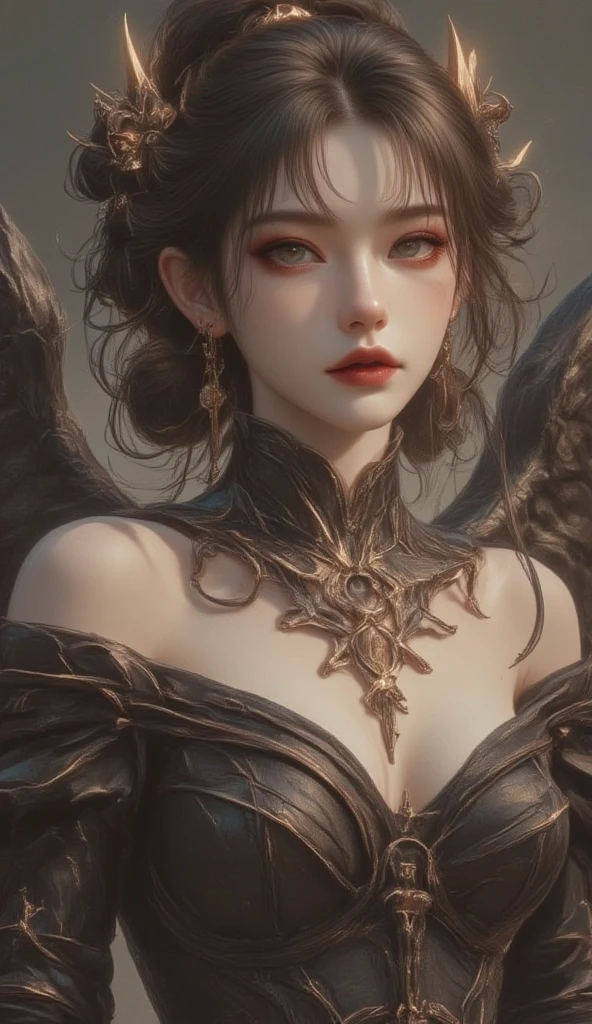 RAW photo, (best quality:1.3), high resolution, (masterpiece), (photorealistic:1.4), professional photography, sharp focus, HDR, 8K resolution, intricate detail, sophisticated detail, depth of field, extremely detailed CG unity 8k wallpaper, d4lilith, [Nanami Hachiro] as beautiful supermodel, extremely prefect fierce face, extremely prefect eyes:1.2, extremely prefect lips, extremely prefect nose, extremely prefect ears, (PureErosFace_V1:0.3), (naturally sagging enormous breasts:1.1), (Kpop idol makeup), dynamic pose, dynamic angle, (look at viewer), demon wings, ((horns)), realistic skin, solo, fansty world red fire background,  determined, dark theme,