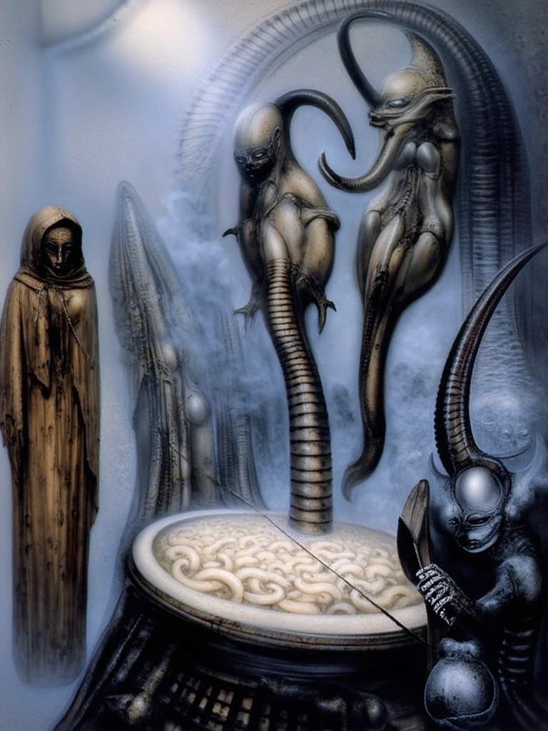 1 Girl, xenomorphic texture feature lines, lucidity movments,White skin, Face Shooting, fissure, strong reflection, black background, dynamic Lighting, abstract Gold strokes, a woman in a white dress with ram hornes on her head, a surrealist vision of death and elegance coliding inspired by junji Ito, hypersexual, Explicit imagry rococo, black candles handsome satanist man, biopunk futuristic wardrobe, cai xukun, style of Aeon Flux+ Street art new school style