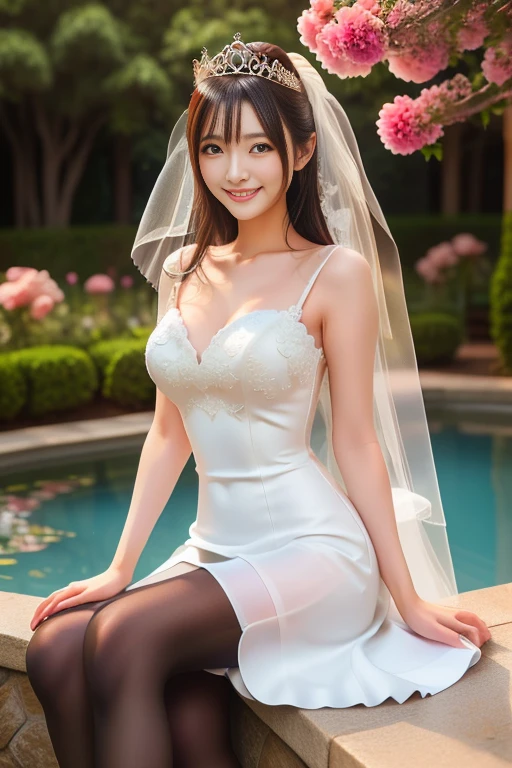 ((top-quality、8K分辨率、Master masterpiece、Portrait:1.3)), Photorealsitic, tissue, 35㎜ film, 1 Japan Woman_Middle-aged woman_49 years old, Longhaire_Side braid , (tiarra_Wedding Veils)、Pearl Necklace、Wrinkles at the corners of the eyes, Plump body, blush、Seductive smile、naughty expression、(((see-through sexy bride costume_cleavage cutout_v neck dress))、See-through white micro mini panties、Garter belt stockings, (standing nipple:1.5) ,((Underwear))、Flower garden in full bloom、The fountain、plein air、during the day、toppless