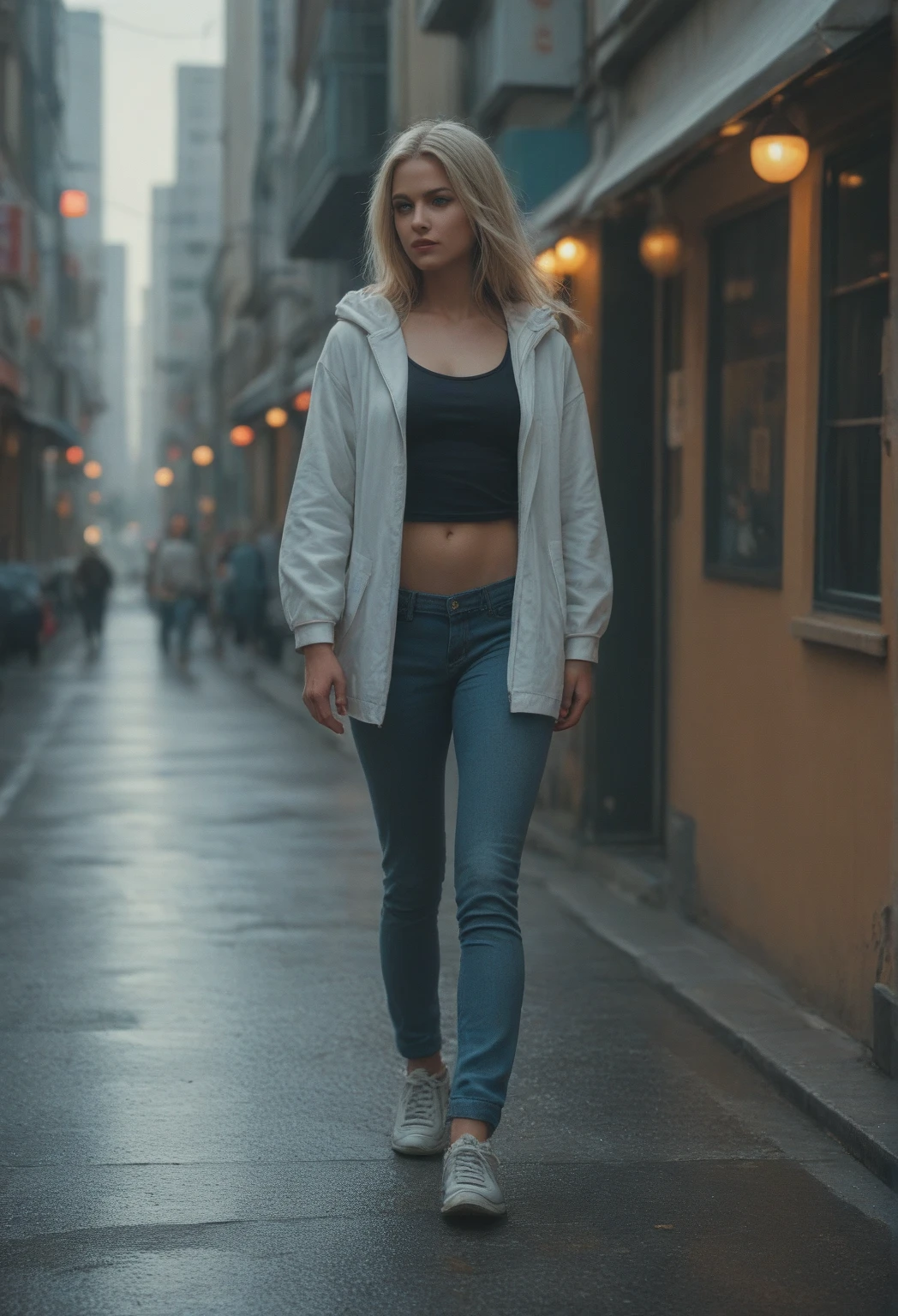 Young Korean Woman standing, ((on city street)), ((fully clothed)), ((overcoat)), ((v neck t shirt)),((barefoot)), black miniskirt, blonde short hair, slim build,jewelry, large earrings, late night, dark, busy street, cinematic, neon light, masterpiece, best quality, RAW photo, up close, zoomed in, photorealistic, ((looking at viewer)), see through,dripping wet, beautiful realistic photo, hyperrealistic fantasy photo, close up, shallow depth of field, 8k, ultra detailed, detailed skin, green eyes, freckles, ((drenched)), ((soaked)), (dripping water), sagging clothes, wet street, wet all over, wet dripping hair, pov, (posing for photo) portrait, close-up, bottom angle, mist