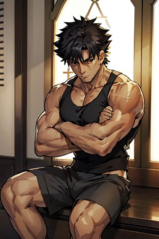 Kiritsugu is sitting and flexing his buff biceps and thighs. He wears black short boxershorts. You can see his thighs completely. He is shirtless. He is showing his abs too. He is admiring his arms. He has a huge bulge.