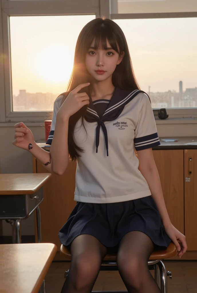 Sitting with legs crossed, Ecstatic expression, Cute junior high school girl, Looking at me, Sexy face, With legs apart, Open your legs, Wearing open-chested clothing, Big breasted, Wet, Soaking wet, uniform