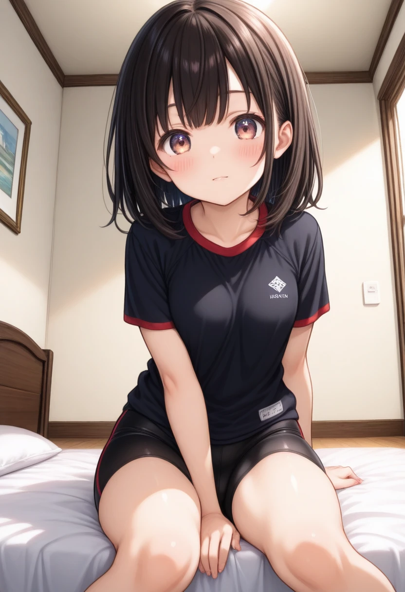Taeko Kondo、Girls&Panzer、Brown Hair、Short Hair、((Short leggings))、Photo from below、Medium chest、Bedroom、(Gym clothes with short sleeves)、Red ribbon、((Black knee-high socks))、(The whole body gets wet)、sit