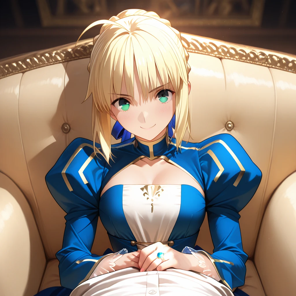 ((top quality)), ((masterpiece)), (details), （perfect face）、Saber, who is blond and green-eyed, smiles gently with outstanding proportions, wears the costume of the gorgeous, glittering, and sexy see-through queen of ancient Mesopotamia, is dressed with luxurious accessories from ancient Mesopotamia, becomes the most beautiful wife of the ancient Mesopotamian hero king Gilgamesh's greatest treasure and is pampered and cuddled cutely on a luxurious sofa, snuggles up and is loved, and wears an engagement ring Are there loving couples、Fete