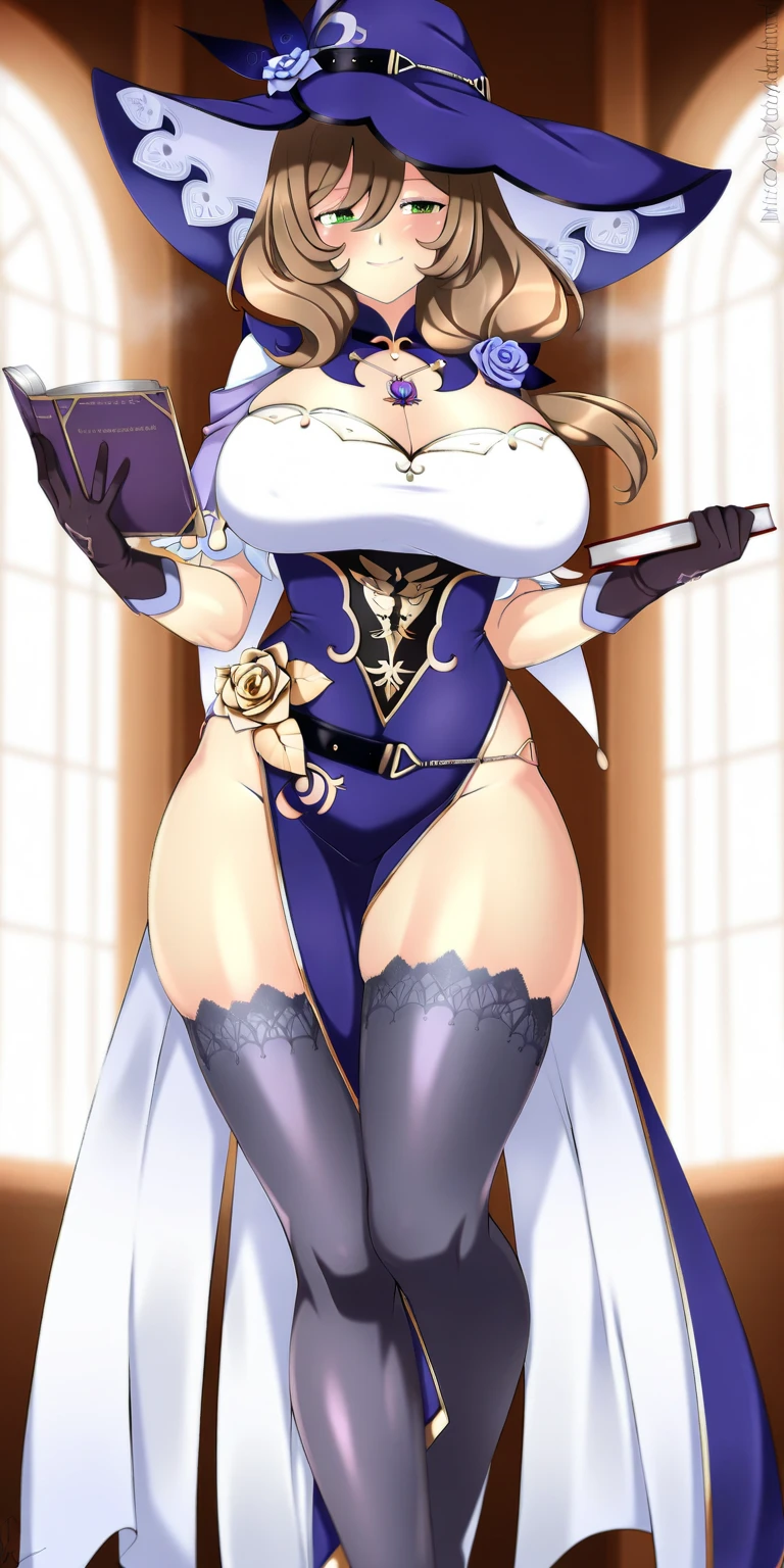 Book, (Full body:1.1)(Big breasts:1.2),smiling, flirty, cute Sfw, Lisa, witch outfit, witch hat, default clothing, library sitting at table, wooden table, wooden chair, tablecloth, tea , looking at viewer