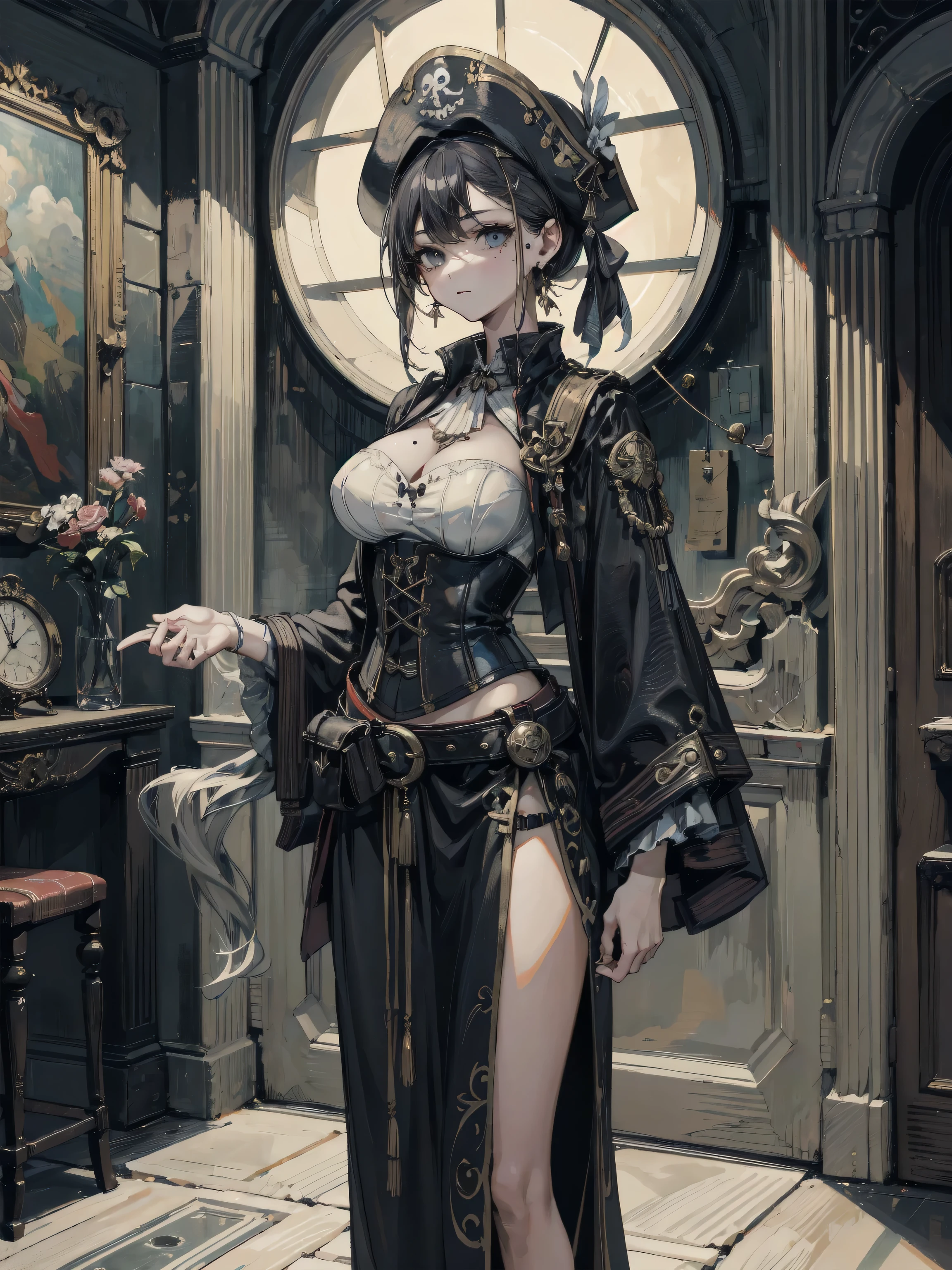 absurdres, RAW photo, extremely delicate and beautiful, masterpiece, Best Quality, ultra high resolution, 32k, hyperrealistic, ultra-detailed, perfect anatomy, anatomically correct, perfect figure, Perfect Style, Perfect balance, super Detailed skin, in her 30s, very Slim body, narrow waist, very small head, very small face, delicate facial features, handsome detailed woman, very detailed eyes and face, realistic face proportions, Realistic beautiful face, Realistic beautiful eyes, tearful mole, earring, round tits, whole body shot, medium hair, outdoor, ((Practical pirate clothing)), Long-sleeved pirate top, Skirt, Beautiful embroidery, beautiful fabric, Beautifully decorated, 