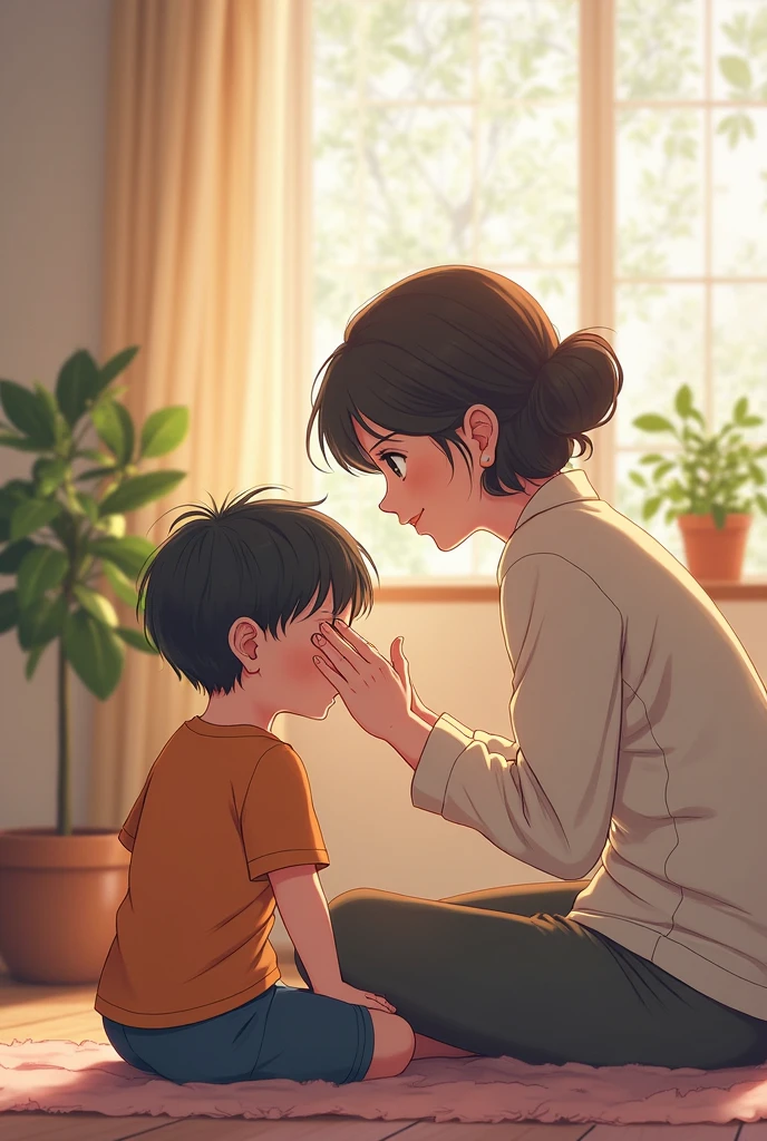 Anime Style, full body kneeling, mother and son huging each other, his head rests on her breasts, her hand on his head, his one hand on her butt in the other in her laps