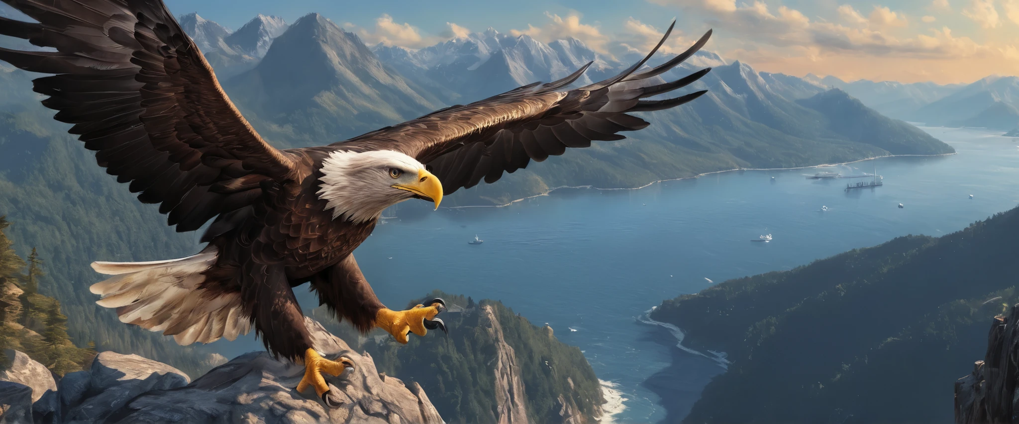 High definition画像で,big eagle의 날개, flying majestically over rugged mountain ranges, American eagle , dynamic, ((( big eagle )))), High definition, Digital Painting, Detailed Image, 4K、rugged mountains and ocean background 。