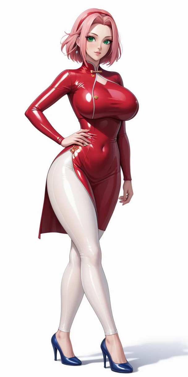 ((full_body))、Cute Woman、red_background、big_breasts、Detailed_skin、Detailed_Eye、Detailed_hair、nurse_custom、POP、vivid、smile、sexy_pose