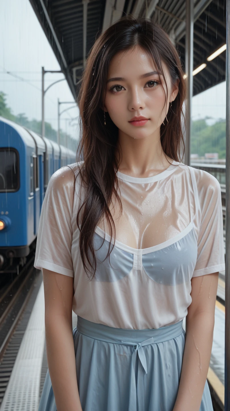 (RAW shooting, Photorealistic:1.5, 8K, Highest image quality, masterpiece, Ultra-high resolution), Perfect dynamic composition:1.2, Night Street Corner, Looking up at the sky:1.3, (((Heavy rain from a typhoon))), Highly detailed skin and face textures:1.2, 雨にwetスリムな女子高生:1.3, Sexy beauty, Perfect Style:1.2, Aesthetic and beautiful, Fair skin, Very beautiful face, (Rain dripping all over my body:1. 2, wet髪:1.4, wet:1.2), Water droplets on the skin, (Medium chest, Chest gap), (Shy laugh, The expression when feeling intense caressing, Facial expression when feeling pleasure), (Beautiful blue eyes, Beautiful erotic eyes:0.8), (Too erotic:0.9, Alluring:0.9), Cowgirl shot, Student Bag, Perfect body, Perfect fingertips（Girl sitting on train seat)、Best quality work，Actual work，Ultra Premium Graphics，8K HD CG works，High quality graphics，High-definition CG works，10x pixels，Extremely fine detail：1.1，Advanced Technical Details：1.1 Photorealistic，Indoor lighting effects：1.5，Natural light：1.5. Light effects（virtual Light effects：1.8）,（Golden white short hai(RAW shooting, Photorealistic:1.5, 8K, Highest