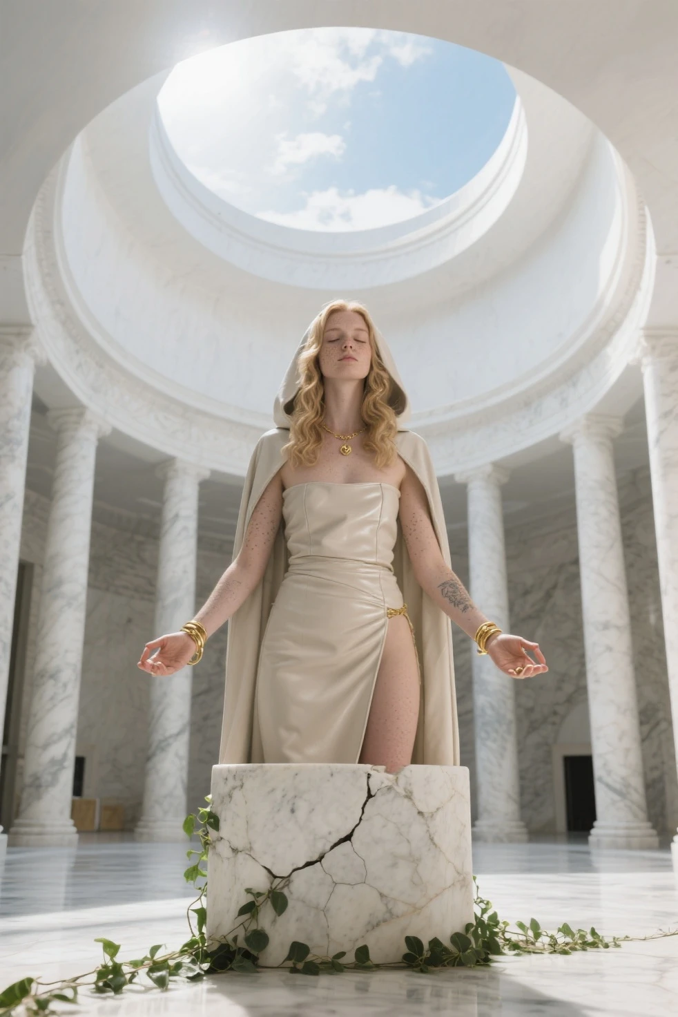 Naked pale skin Bryce Dallas Howard standing on top of a pedestal, long braided blonde hair, curvy body, like a statue, white toga