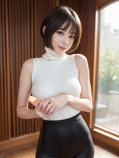 (Tit, Turtleneck Knit, Shoulder Bag), (Top Quality, Masterpiece: 1.3, Ultra High Resolution,), (Ultra Detail, Caustics), (Photoreal: 1.4, RAW Shooting,) Ultra Realistic Capture, Very Detail , High definition 16K of human skin, natural skin texture, skin tone looks even and healthy, uses natural light and colors, 1 female, 25 years old Japanese, cute, black hair, medium hair, ( Depth of boundary notation, chromatic aberration, wide lighting range, natural shading, ), (hair swaying in the wind: 1.2), room, sitting on a chair, massage costume, exposed skin, short skirt, short cut