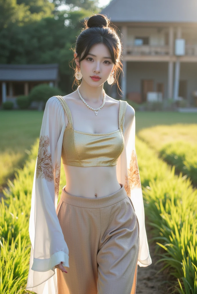Best Quality, Masterpiece, Ultra High Resolution, (Realistic: 1.4), Xiuxian, Smiling, Shy, Belly Button, Delicate Makeup, Gorgeous Jewelry, Horse Face Dress, Detail Face,, 1 girl, white clothes, lotus print, maple leaf print, solo, weapon, (magic circle: 1.2), Xiuxian, upper body, beautiful girl, half-body, East Asian architecture, sheath, construction,