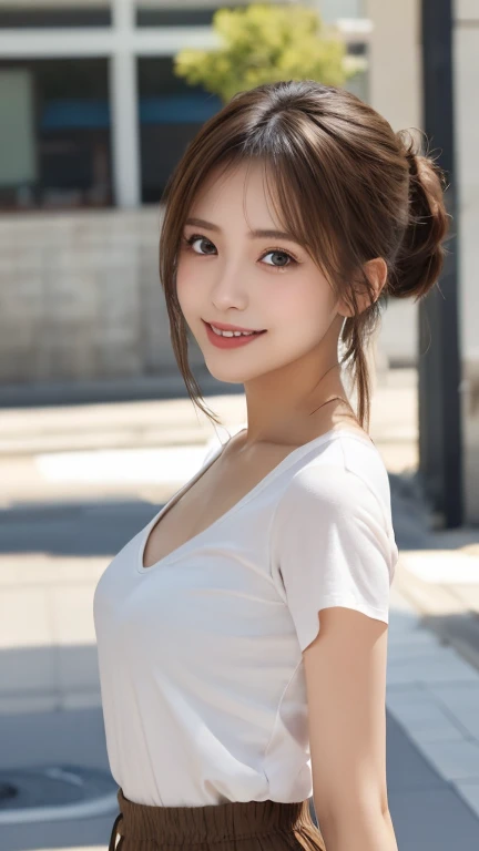 masutepiece, Best Quality, Illustration, Ultra-detailed, finely detail, hight resolution, 8K Wallpaper, Perfect dynamic composition, Beautiful detailed eyes, Women's Fashion Summer,Ponytail Hair,mid-chest, Natural Color Lip, Bold sexy poses,Smile,Harajuku、20 years girl、Cute、Sexy shot looking at camera, middle Breasts,