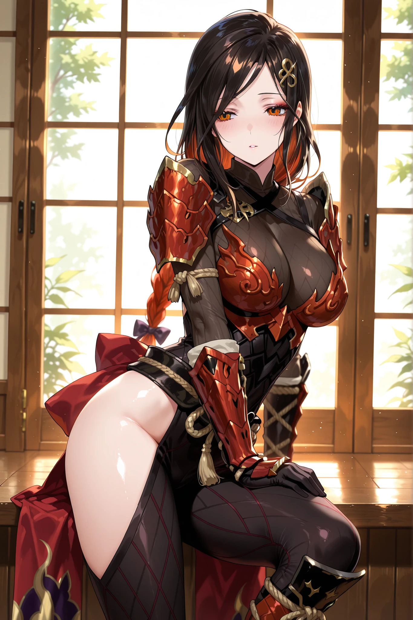 solo,masterpiece,best quality, amazing quality, highres, absurdres, very aesthetic, high resolution, ultra detailed, perfect details,nijitomoe,large breasts,orange eyes,black hair,makeup,long hair,single braid,hair over sholuder,hair ornament, Odogaron Armor,red gauntlets, red knee boots,mature female、anime screencap,red waist bow, redhair bow