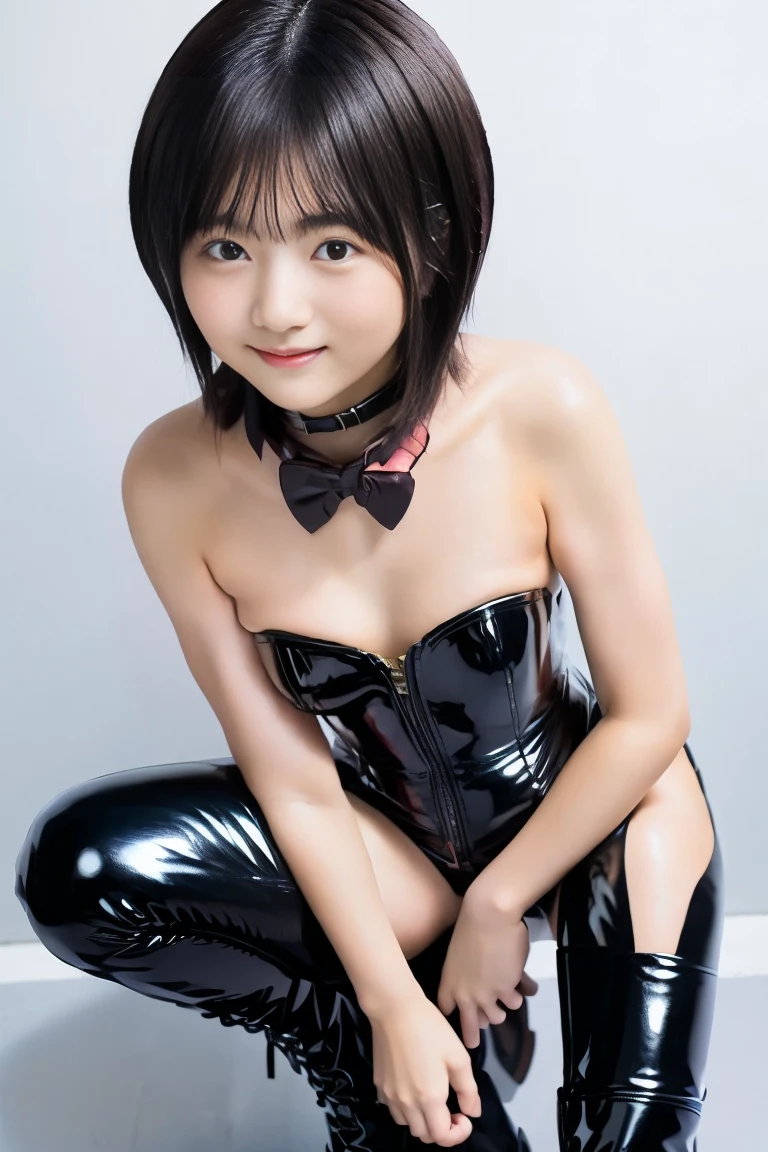 rabbit ears, black rabbit ears, fake rabbit ears, pantyhose, black pantyhose,bowtie, wrist cuffs, black leotard, (8k, RAW photo, best quality, masterpiece:1.2), (realistic, photo-realistic:1.4), (extremely detailed 8k wallpaper), Photo of a beautiful Japanese idol 12 years old woman., (((Very small breasts))), ((Baby Face)), (((sweaty armpits))), Armpit depression, ((((Dimpled Armpits)))), ((((Deeply wrinkled armpits))))