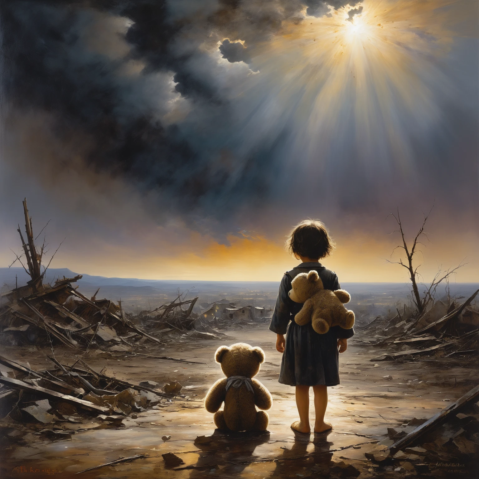 Art by Edward Hopper and Jan Saudek full figure of a six yearold beautiful girl with windswept blonde hair standing in a meadow holding a teddy bear, with tall grass and wild flowers. stormy clouds in the sky, Enchanting and ethereal scene.