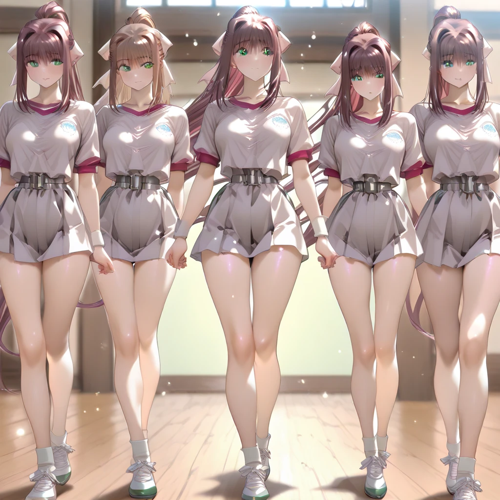 Perfect anime illustration, Multiple Girls, Thousands of girls, Millions of girls, clone, Identical sister, An orderly line of sisters, An orderly line of sisters, Sisters standing in a line, Sisters in the background, Brown Hair, Curly Hair, Matching hairstyle, Hazel Eyes, smile, ((Matching outfits, Pink Uniform, High heels)), Matching hairstyles, White Background, High resolution, whole body, Pause、Camel Toe、Giant tit、Nipple Puffs、Cleavage、Plump、Super big breasts、Super big butt