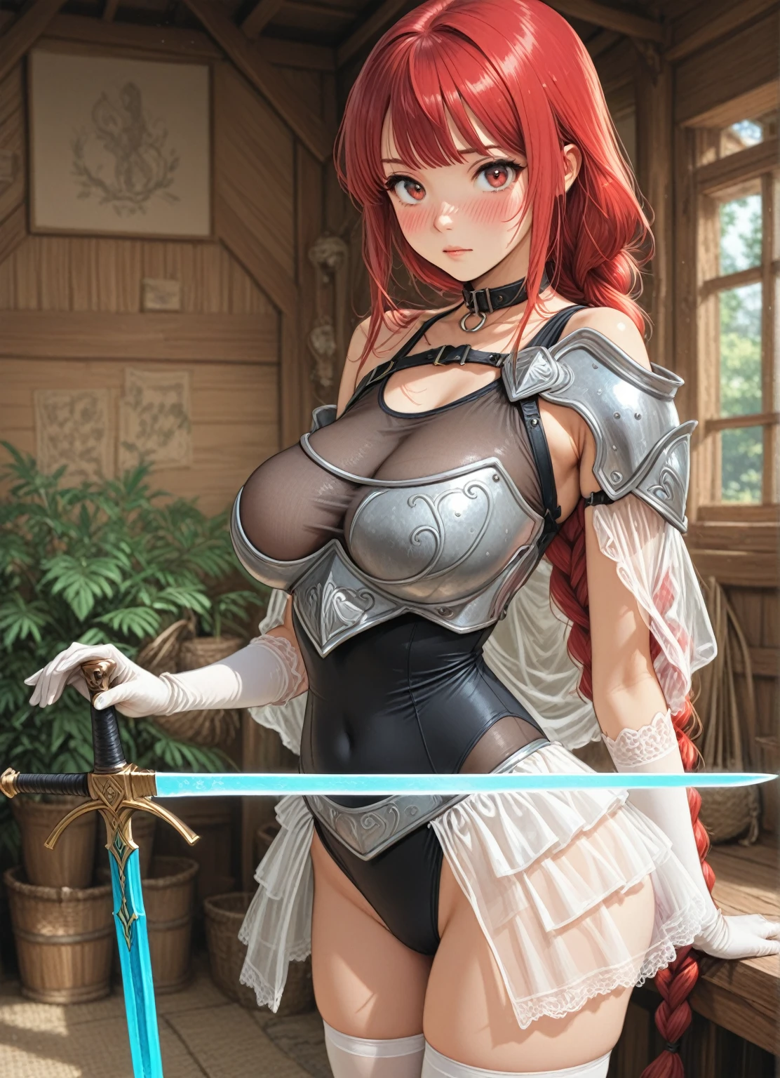 weird atmosphere, (best quality:1.1), (masterpiece:1.2), high quality shadow, beautiful detailed, (high detailed skin, skin details), (wide landscape, 8k), depth of field, highres, best illumination, (sexy), outdoors, blurry background, HD hair, beautiful face, perfect skin, red hair, long hair, (big breasts), blood particles, (night), sharp teeth, glowing red eyes,  blood on face, blood on clothes, blood splashing, female knight in the war fields, white dress,  cleavage, stocking, high heels, kneel pose, close to viewer, from above, looking to viewer, gripping big sword, in the grassland, foggy, wet body, wet hair, hair fluttering, bare shoulder, blue flame, explosion