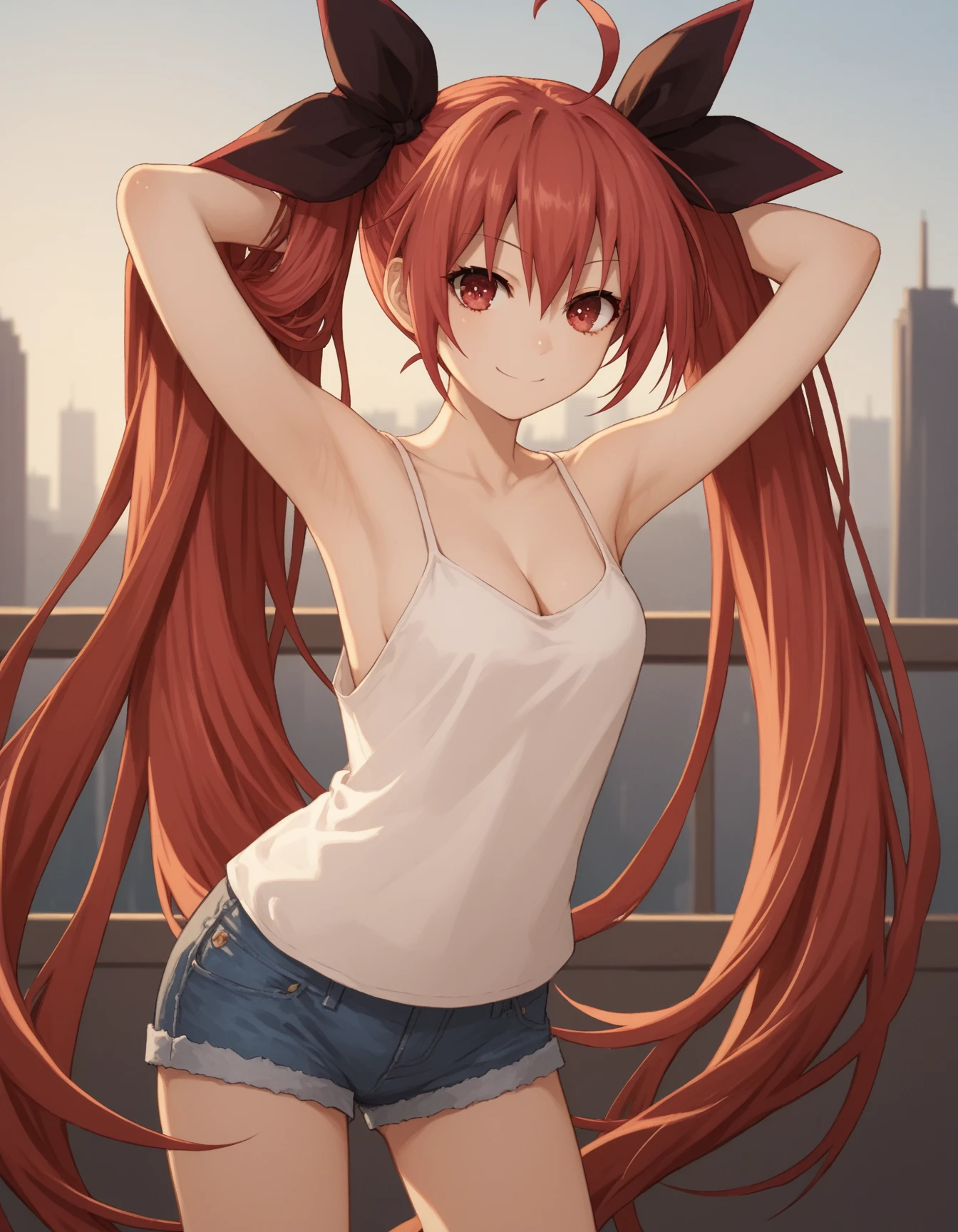 masterpiece, best quality, HuTaoV4, 1girl, solo, blush, twintails, long hair, hair between eyes, ((streetwear clothes)), city, outdoors, night, movie poster, extremely detailed 8K, smooth, high resolution, ultra quality, cinematic lighting, ambient occlusion, hd, 2k, 4k, 8k, 16k, extremely detailed anime, detailed faces, perfect composition, wide shot, atmospheric lighting, very sexy, lift skirt, random low back angle, uncensored, nsfw, sin censura, horns, demonic horns, Red hair, cute face, wings