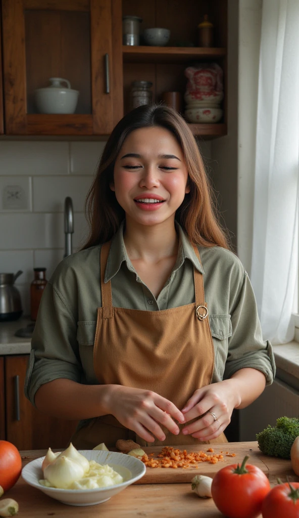 A beatiful indonesian young mom, slightly plump, only wearing an apron without shirt, is cooking in the kitchen. The kitchen atmosphere is a background detail. look at the viewer, natural light, realistic photography, wide angle shot.