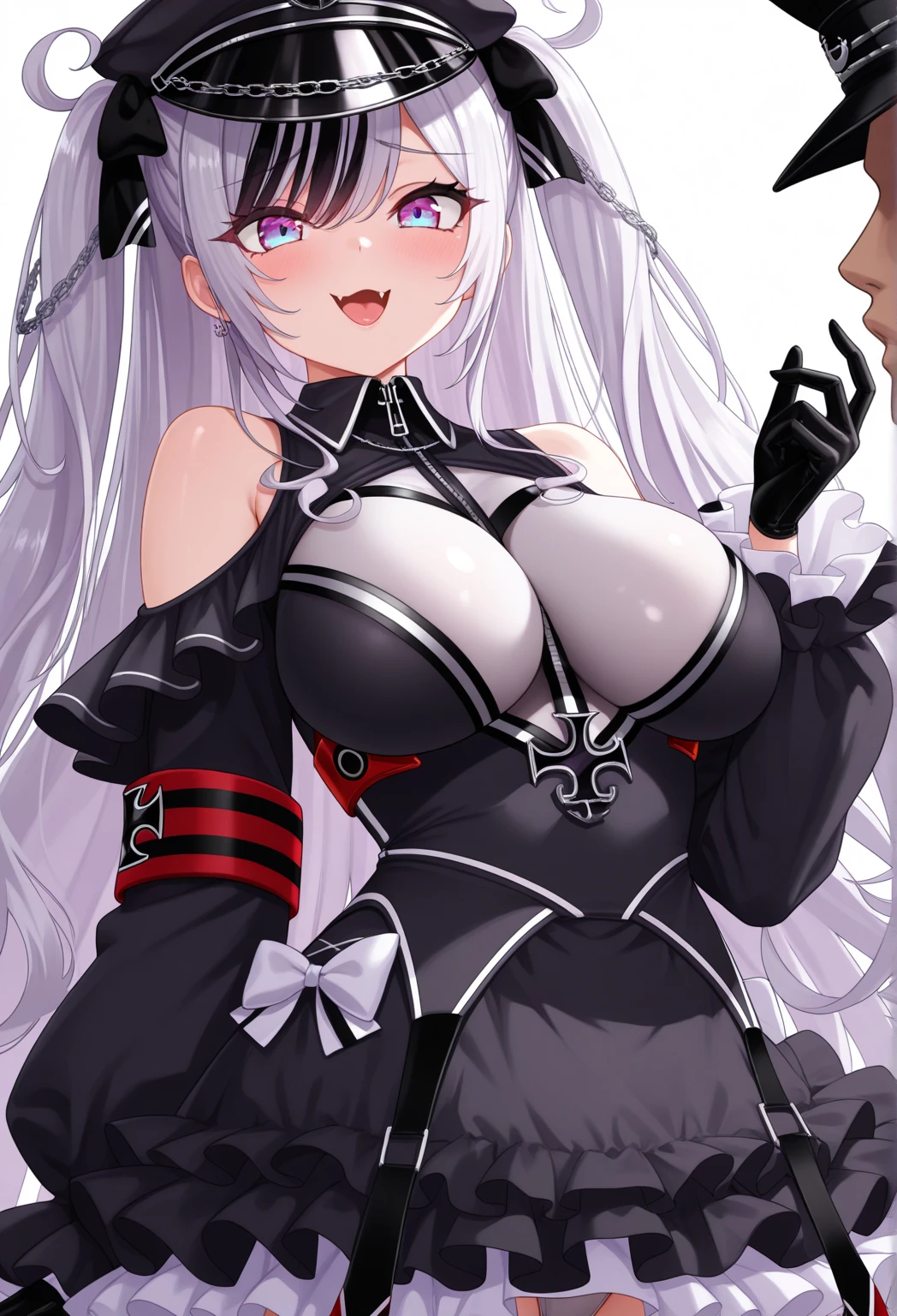 vaggie, (((an x in the eye))) ((gray skin))((corps entier 5.5, plan large 2.5)), ((sexy)), SFW((sexy)), SFW,(masterpiece, best quality:1.4), absurdres, highres, ultra detailed, beautiful (perfect face, detailed face, beautiful:1.3), (natural breasts, cleavage), collarbone, fingerless gloves, gloves,spaghetti strap top, black pencil skirt, tight, over the knee skirt, hat, elegant nurse outfit, thighhighs, thick thighs, thighs, multiple belts, More detailed 8K.motor irreal:1.4,UHD,La mejor calidad:1.4, fotorrealista:1.4, textura de la piel:1.4, obra maestra:1.8,obra-prima, mejor calidad,objeto Objeto], (detailed face features:1.3),(manos detailed)