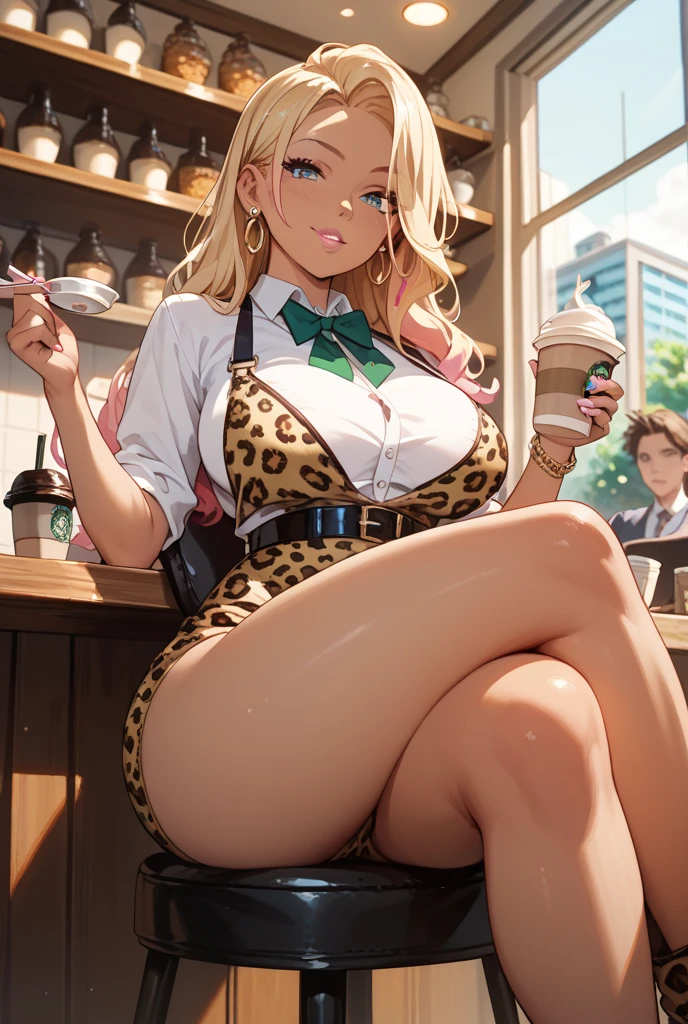 1girl, adult woman, (Naked: 1.4), (Blushing:1.4), (micro black lingerie, string thong, lace stocking), blushed, Smile, Cowboy Shot, Slim body, Small breast, small boobs, ((A coffee Cup)), Full Body,
