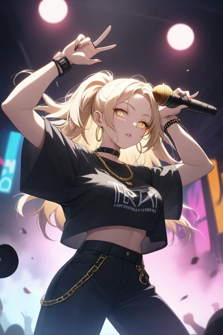 top-quality、Top image quality、masterpiece、girl with((18year old、tatteredclothing、Black tank top、Black short-sleeved hoodie、White pants、Best Bust、Bust 85、a blond、disheveled ponytail、Red Eyes、open chest wide、Happiness、Sweating、Chain Accessories、holding the mic、Voice bubbles(I love you),Singing、dance))hiquality、visualart、Background with((live house、knight、Combustion Renditions、Laser Pointer))、masutepiece