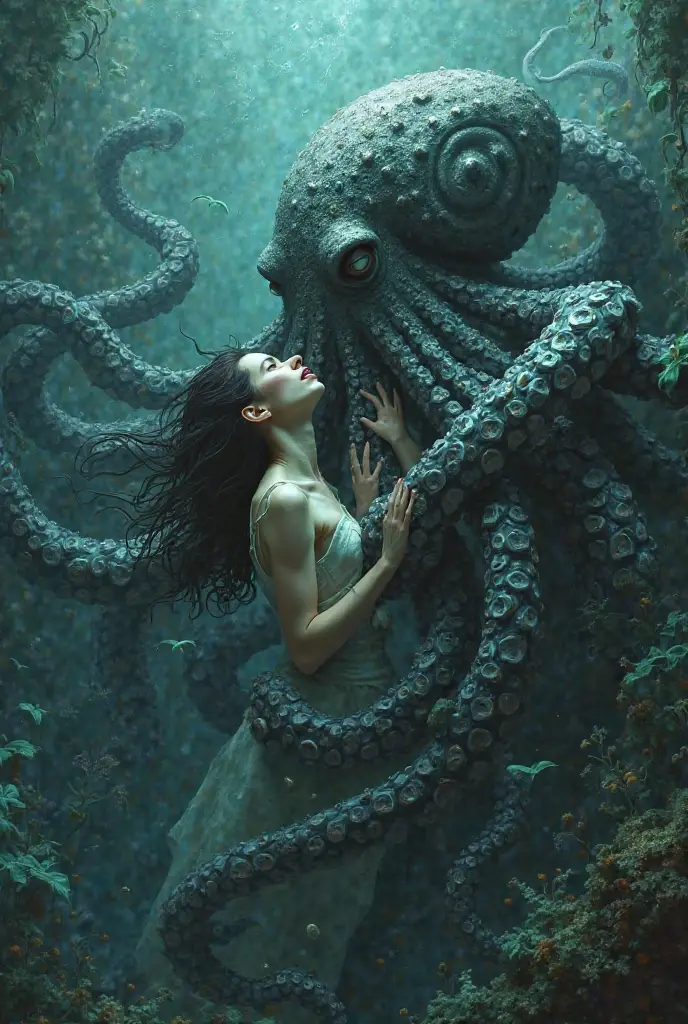 (extremadamente detallado, obra maestra, La mejor calidad), Estilo oscuro, intense illumination, rostro con arrugas, lengua larga, tentacle, deforme, monstruoso, interior de una piscina de agua verdosa, imagen submarina, alien con Colmillos finos, pico de pulpo amenazante. manchas de tinta. Rococo composition. Luz de caravaggio