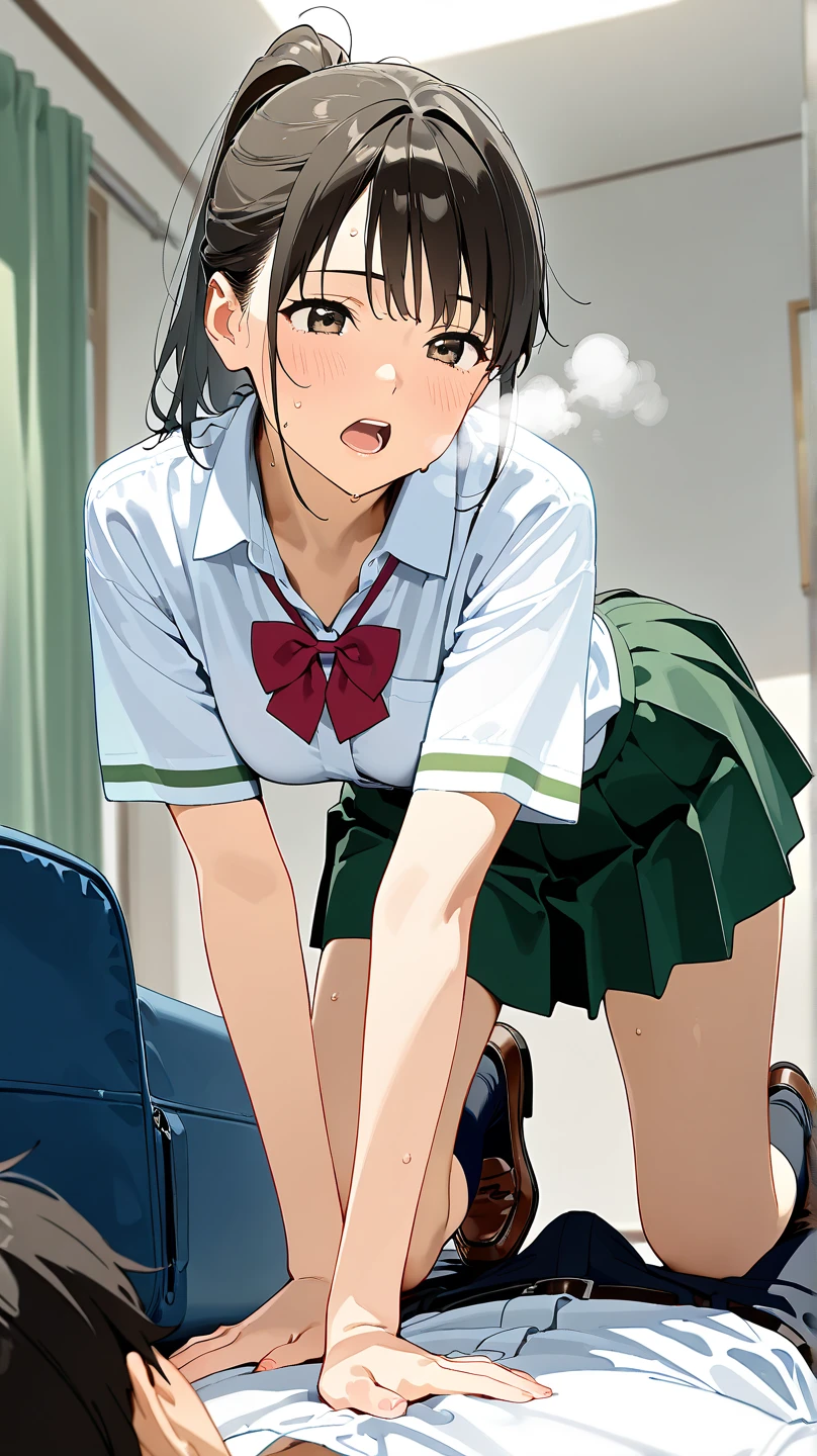 ponytail, hair clip, short sleeves, neck ribbon, white shirt, green skirt, pleated skirt, red ribbon sparrow, braid, hair clip, (futanari), (erect dick), (ejaculation), (blushing), (bowlegs), (sitting), (handjob),(from the front),sexual desire, skirt lifting, on the bed,ahegao,