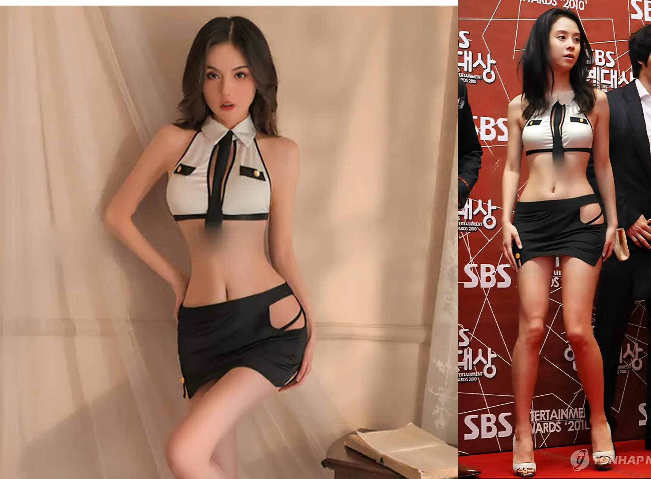 Beauty、Black jacket、Black mini skirt、Exposed chest、Exposed crotch、White panties、White bra、Straight Hair、Big Breasts、A big smile、Hands on the chest