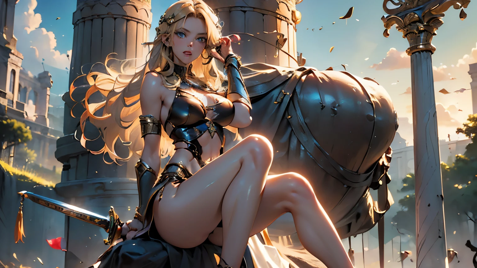 Meisterwerk, Detailed scenario of a destroyed city, Detailed background of the destroyed city, Allein, a naked woman with medium sized breasts, perfekte Nippel, Helmet with golden wings, Rote Haare, auf einem Felsen sitzen, beautiful eyes, sexy Pose, seductive look at the viewer,