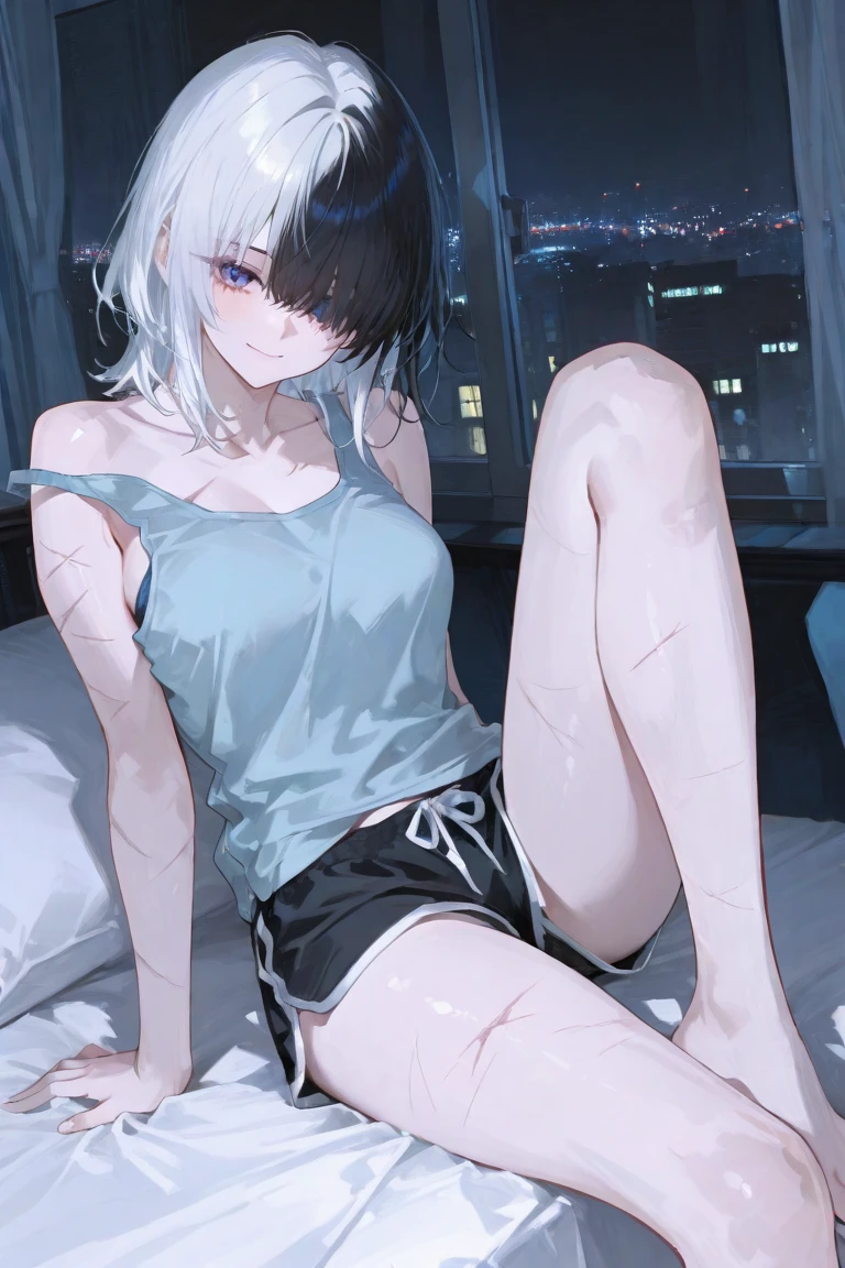 absurdres, RAW photo, extremely delicate and beautiful, masterpiece, Best Quality, ultra high resolution, 32k, hyperrealistic, ultra-detailed, ((perfect anatomy)), super Detailed skin, perfect figure, Very detailed CG 8k wallpaper, in her 20s, very small head, very small face, delicate facial features, tearful mole, earring, very huge round breasts, full body shot, shorter middle hair, wavy hair, ((school uniform)), bedroom,