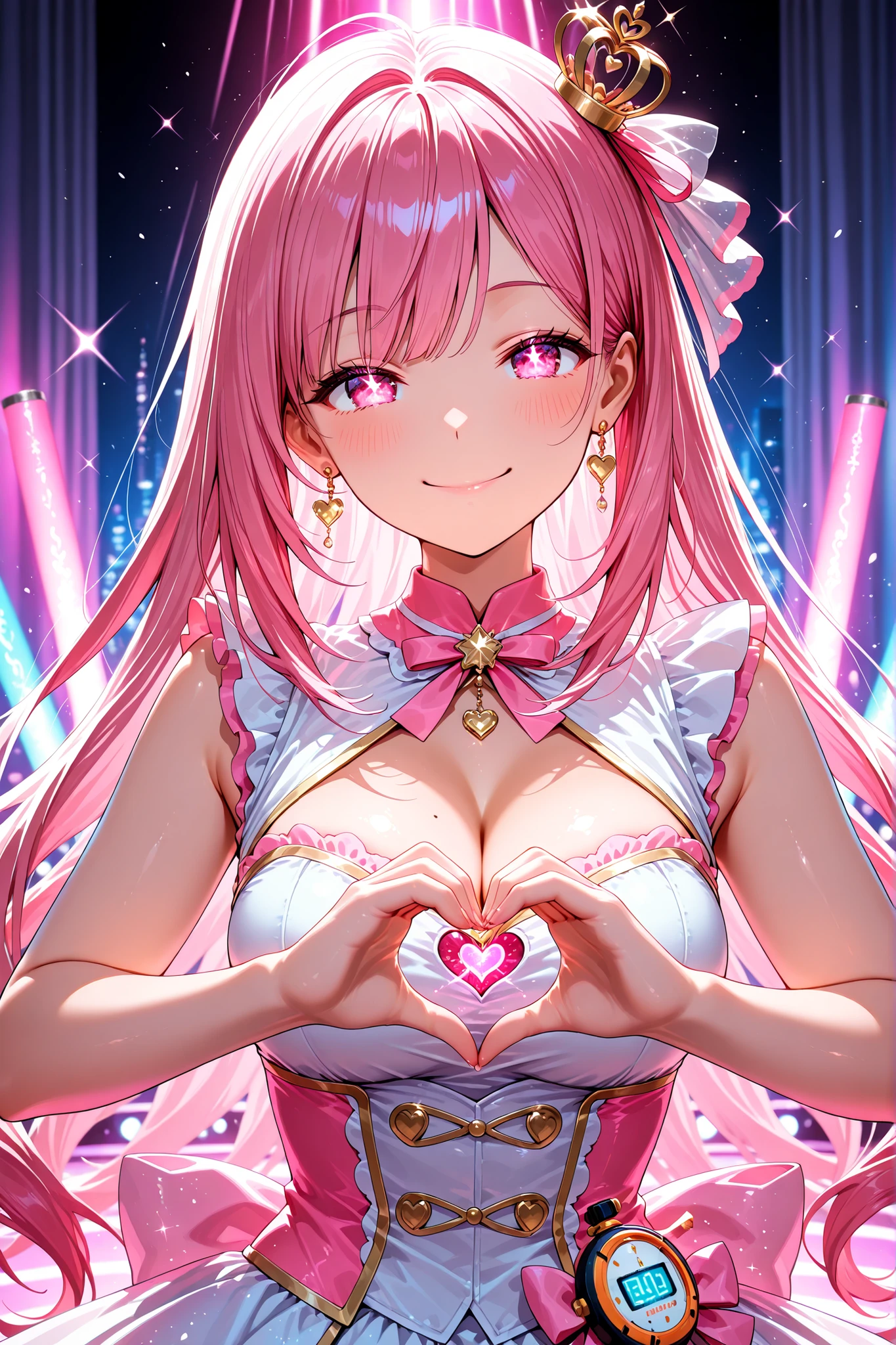 masterpiece, score_9_up, flat anime style, event, idol culture, cheerful and glamorous atmosphere,
1girl, 20 years old, Japanese adult woman, solo, upper body shot,
a perfect and dazzling Japanese facial features, an expertly crafted "idol" smile that radiates pure happiness, she gives a playful wink directly to the viewer (her fan),
BREAK
(long, straight pink hair:1.1), perfectly styled with sparkles and a cute ribbon,
BREAK
sparkling and large expressive pink eyes, the iris is a kaleidoscopic, hyper-detailed pattern of glowing light sticks, fan letters, and heart symbols, beautiful detailed eyes designed to captivate her fans,
BREAK
wearing a cute and sparkly idol costume, the colorful, frilly dress is made of an opaque, high-quality fabric, the tight bodice pushes up her very large bust, creating a deep and perfect cleavage,
BREAK
at a hyper-detailed idol handshake event, standing behind a long table covered with a cloth, the background is a partition wall and a line of blurred-out fans waiting their turn, a staff member with a stopwatch is visible in the corner, creating an overwhelming sense of the manufactured but magical world of idols.