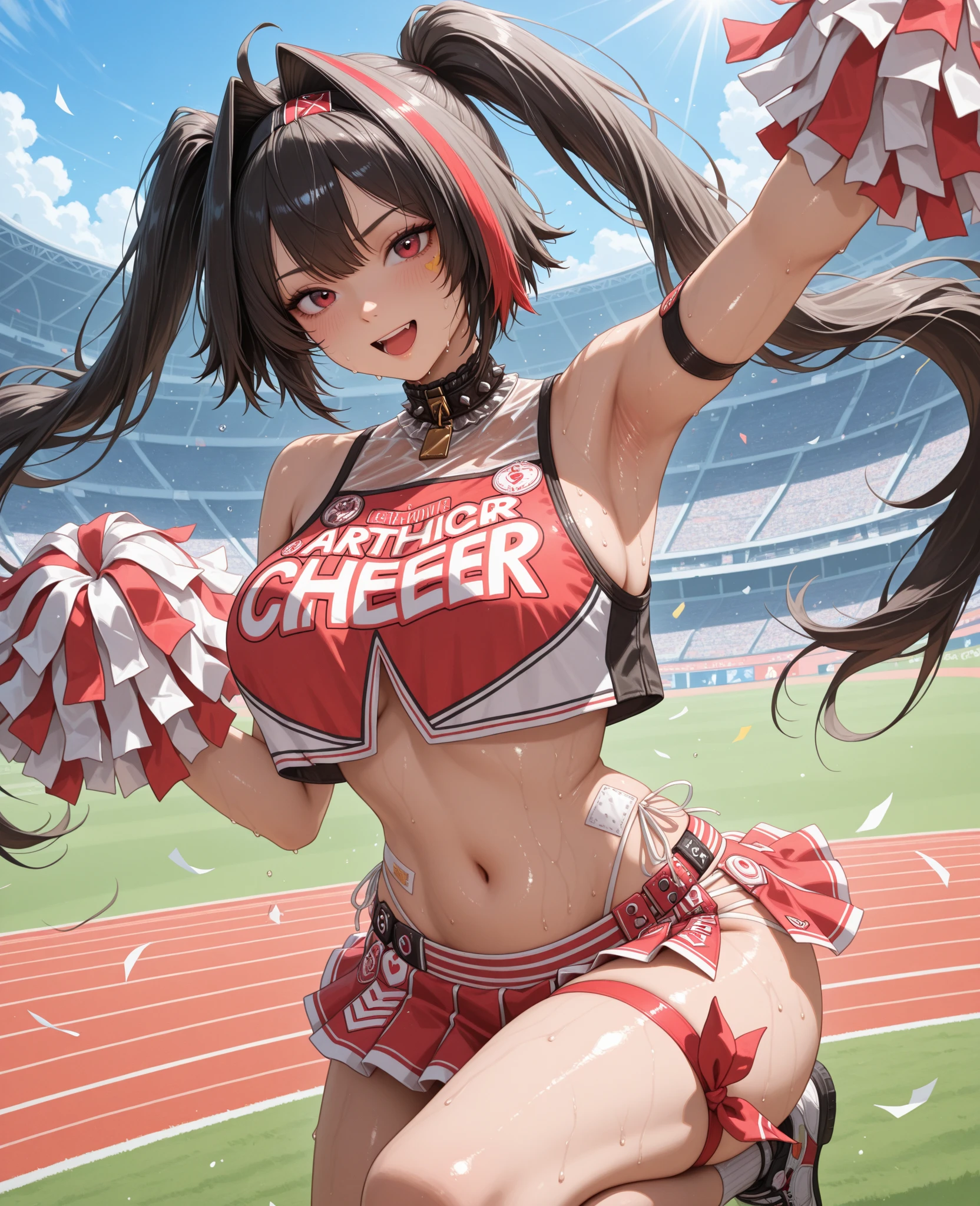 1 girl, giant tits, cheerleader, high school costumes, wet, slutty face, long hair, black hair, flirty, red eyes