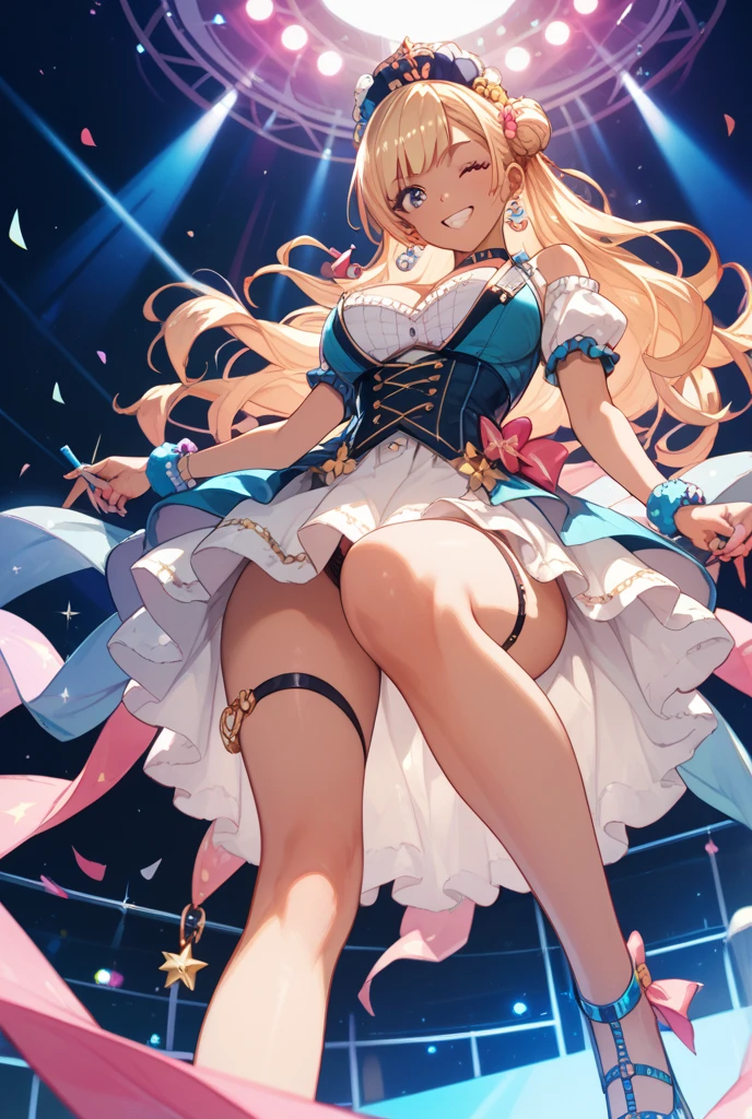 Anime style, super fine illustration, super clear illustration, highly detailed, beautiful detailed, super pale tone image, super delicate illustration, super calm & static image, static representation, gentle expression,  happy expression, 8k, pretty 1girl with blonde straight short hair & blue eyes & a bright smile & full bust & nipples & soft fair skin is wearing the reggae dancer costume, on the stage, solo, complete fingers, perfect arms, perfect legs, masterpiece.
