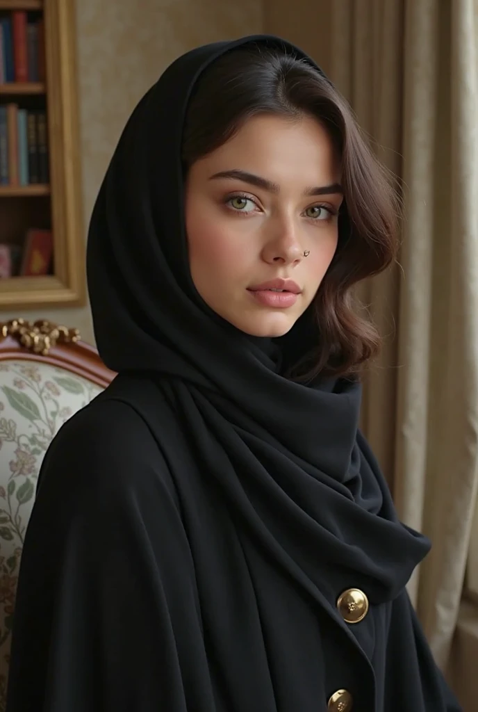 aa woman wearing a hijab, abaya, luxury hijab, crown luxury, masterpiece,Best quality at best,A high resolution,8K,((Portrait)),(upper front body),Original photo,real photograph,digital photograph,blue eye,open kissing lips,Keep your mouth shuegant and charming,((Blushing)),virgin contempt, fighting style, palace background, slim body, very small waist,