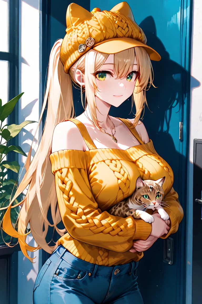(( ภาพstraight face )) ((best quality)),  ((Masterpiece)), (details), Young woman ,cat ears ,yellow hair , beautiful girl hair , according to green  , Hot outfit, jeans skirt , bright , big breasts , , straight face ,outpost