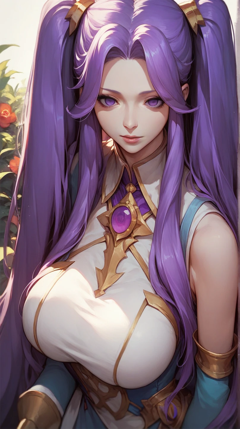 hilda,purple hair,purple lips,tiara,red eyes,purple dress,jewellery,necklace,long white elbow gloves,full body,(best quality,4k,8k,highres,masterpiece:1.2),ultra-detailed,(realistic,photorealistic,photo-realistic:1.37),portraits,vivid colors,soft lighting