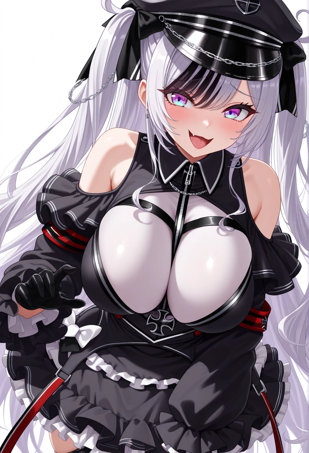 A li with big breasts in a maid costume squatted on the ground,Stick out her tongue,He looked at me with a look of interest,Silvery hair,blue color eyes,Wearing black suspender stockings,largeeyes,with fair skin,The is very detailed,