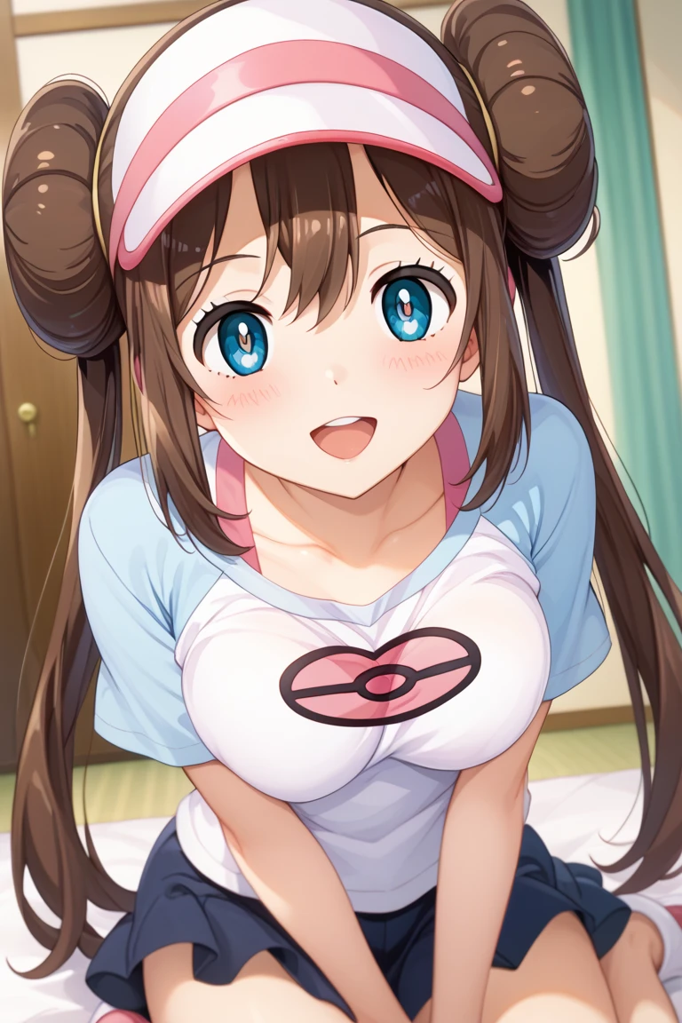 (masterpiece:1.3), (absurdres:1.3), (best quality:1.3), (ultra-detailed:1.3),(best shadow:0.7), (handled hair), perfect anatomy, 1girl, solo, <lora:rosaPokemon_v1:0.3>, rosa(pokemon), double bun, visor cap, hair bun, long_twintails, brown hair, blue eyes, hair between eyes, large breasts, sightly smile, <lora:beltbra_v10:0.8>, beltbra, strapless, belt, all fours, pov, from above