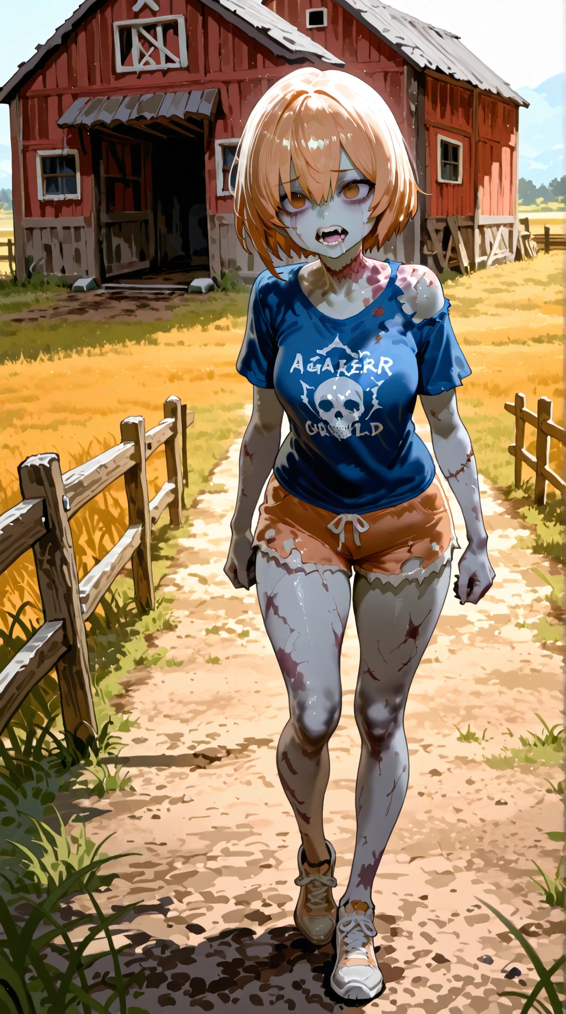 End of the World, A  blue T-shirt, Light orange shorts, wide grassland, barn, Wooden fence, neck injury, zombie girl, empty eyes, A girl walking with her shoulders slumped, Dark blonde short hair, Dirty and torn clothes, painful , shoes, sharp fangs,  teeth, Open your mouth wide, dead eyes