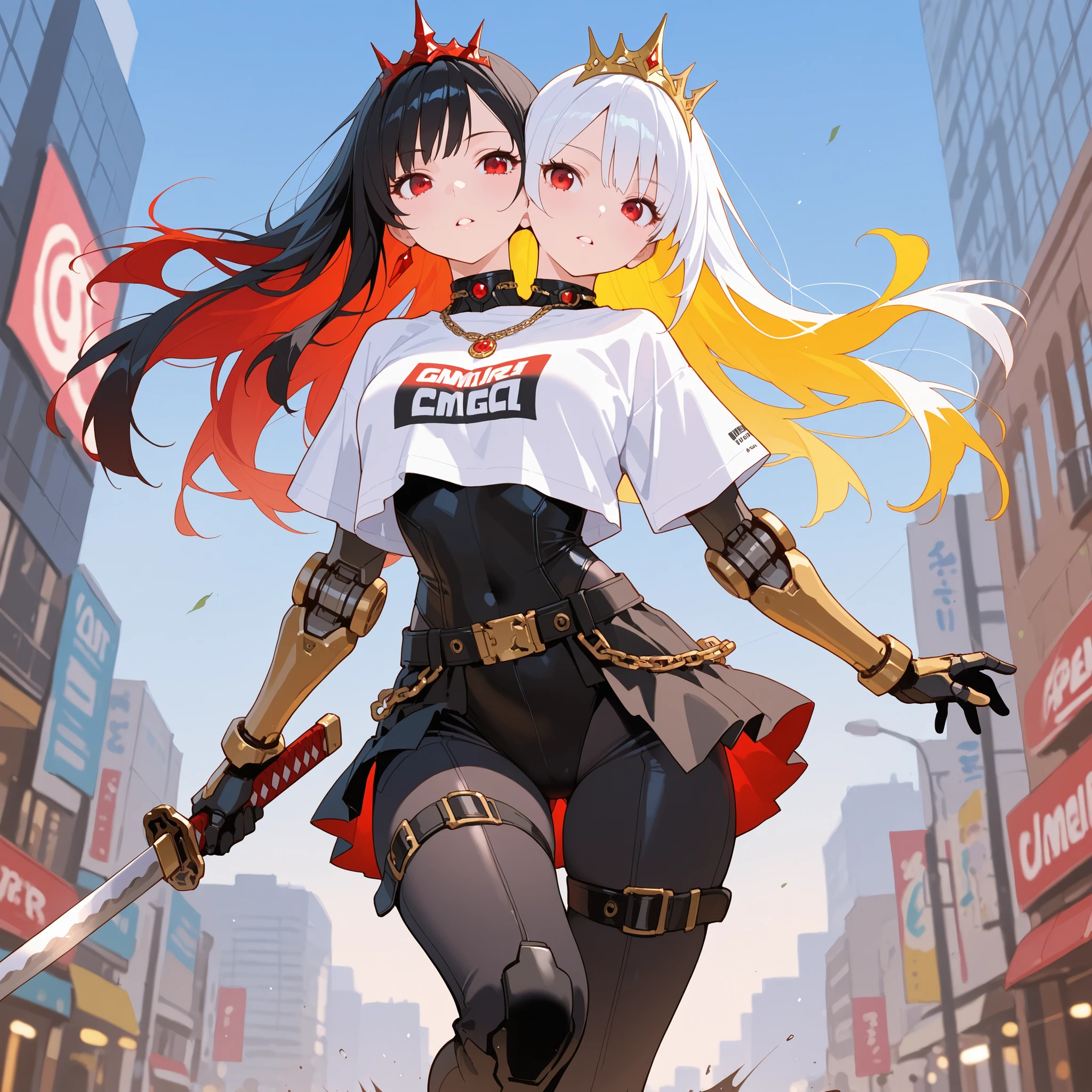 conjoined, 2girls, 2heads, two heads, girls with 2 heads, extremely long multi-coloured hair, hair waving in the wind, hair expanding, single sidelock, long hair, close up on heads and shoulders, red eyes, girls are looking at each other, black leotard, black pants, skirt, mechanical dress, short sleeves leotard, crop top shirt, jumping in the air, arms out, holding and swinging a katana, looking at viewer, eyelashes, parted lips, mechanical arms, city background, techwear, thigh belt, tiara, crown, necklace of chains, belt, long hair,, (masterpiece, best quality, amazing quality, detailed background, intricate details,intricate,absurdres, very aesthetic:1.2),